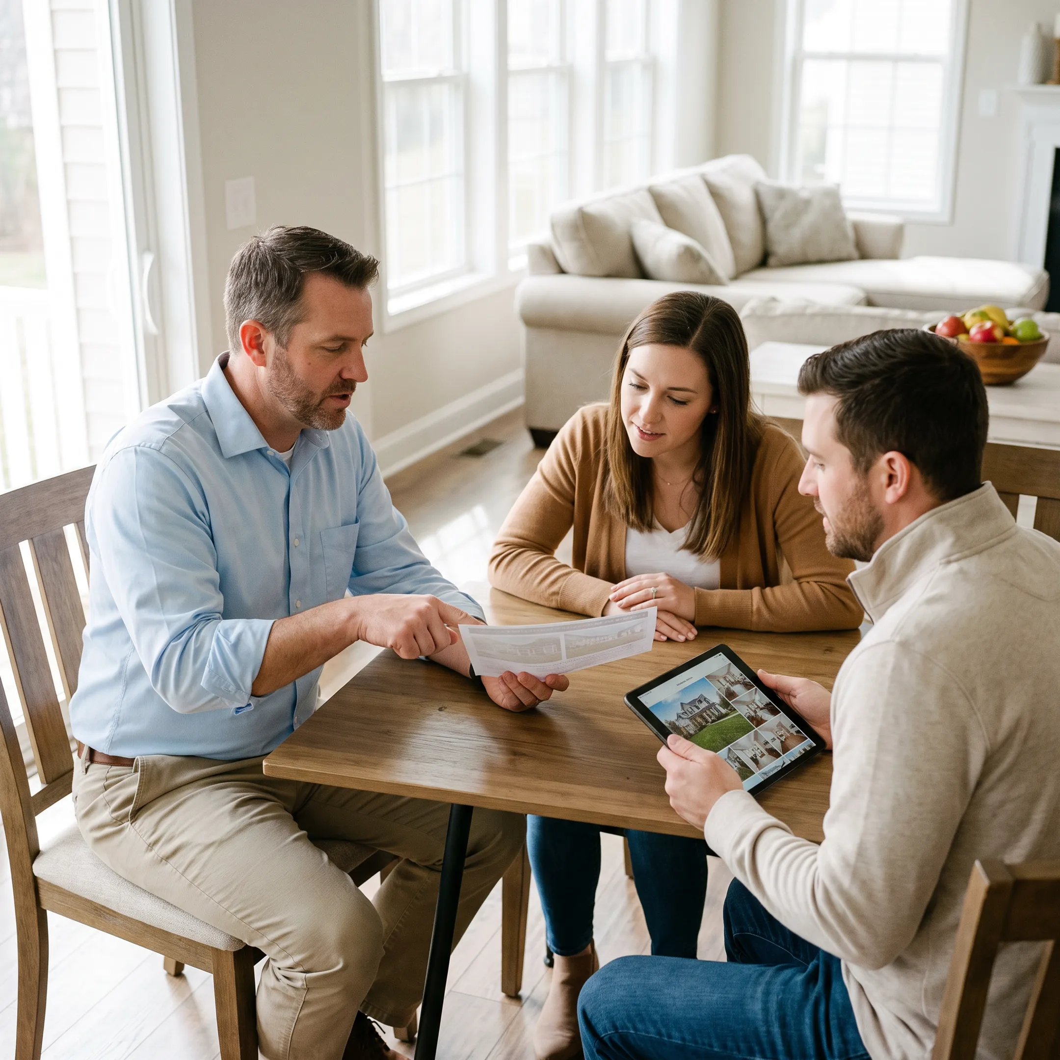 Real estate professional discussing a York area home with prospective buyers