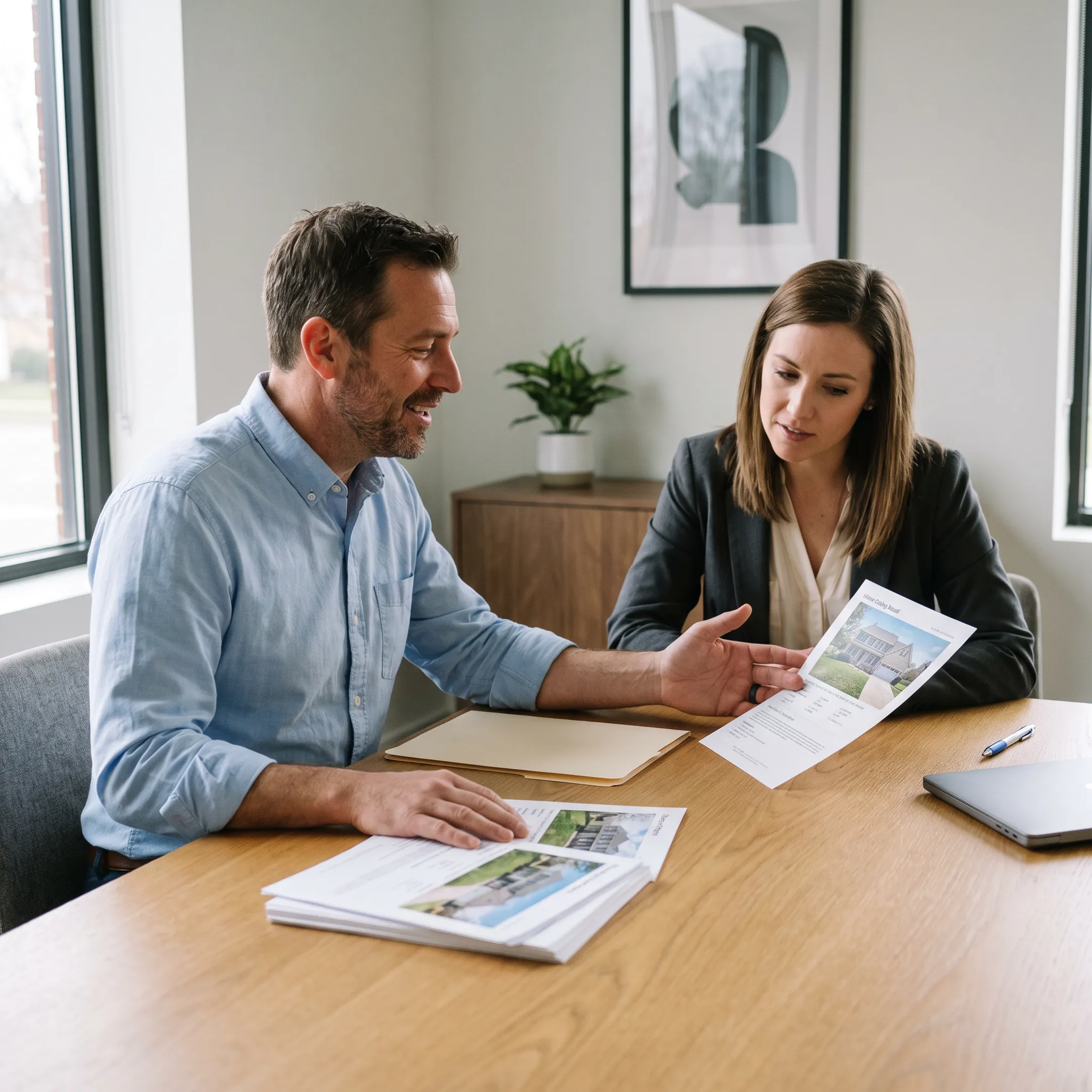 Real estate professionals reviewing property information with a client