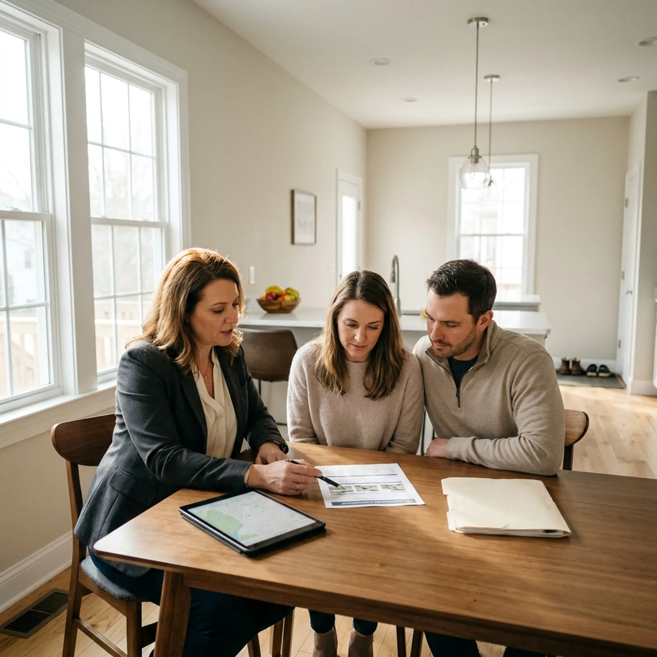 Real estate professional discussing a York area home with prospective buyers