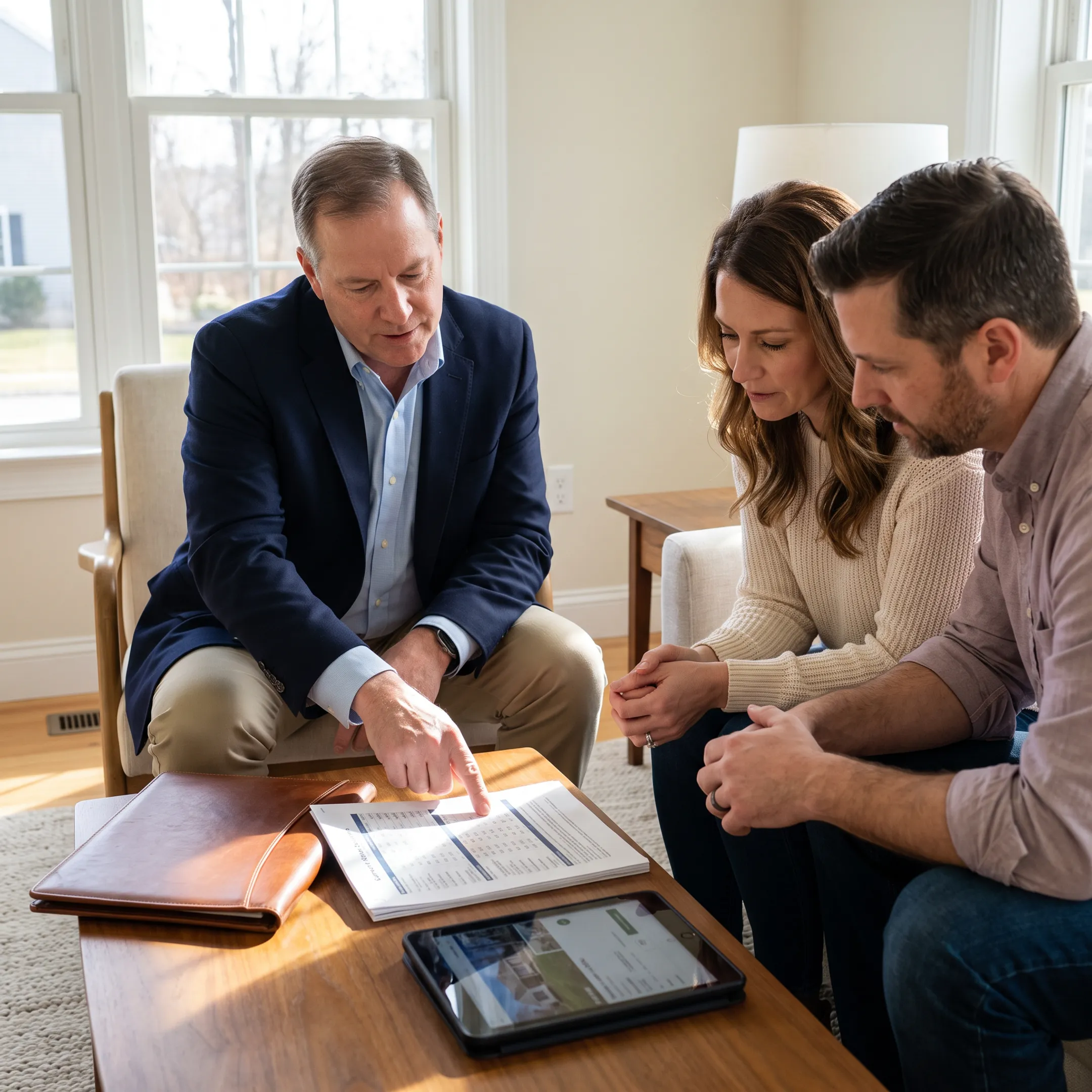 Real estate professional discussing a home sale with homeowners
