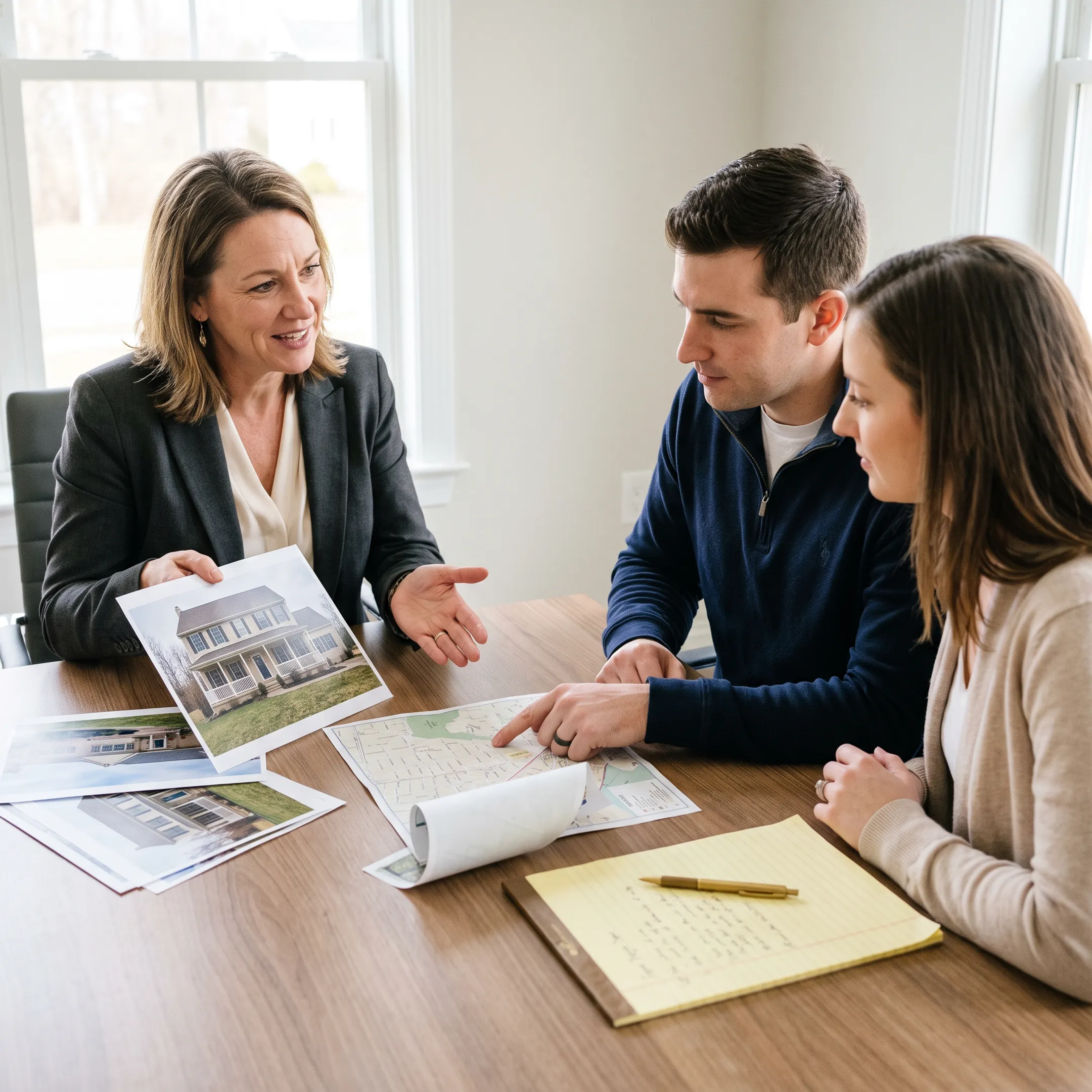 Real estate agent discussing Hanover home listings with home buyers