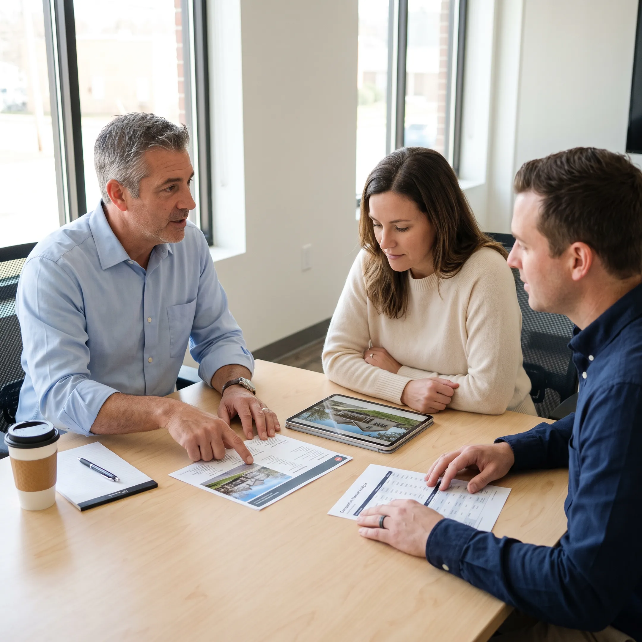 Real estate professional discussing homes for sale with clients