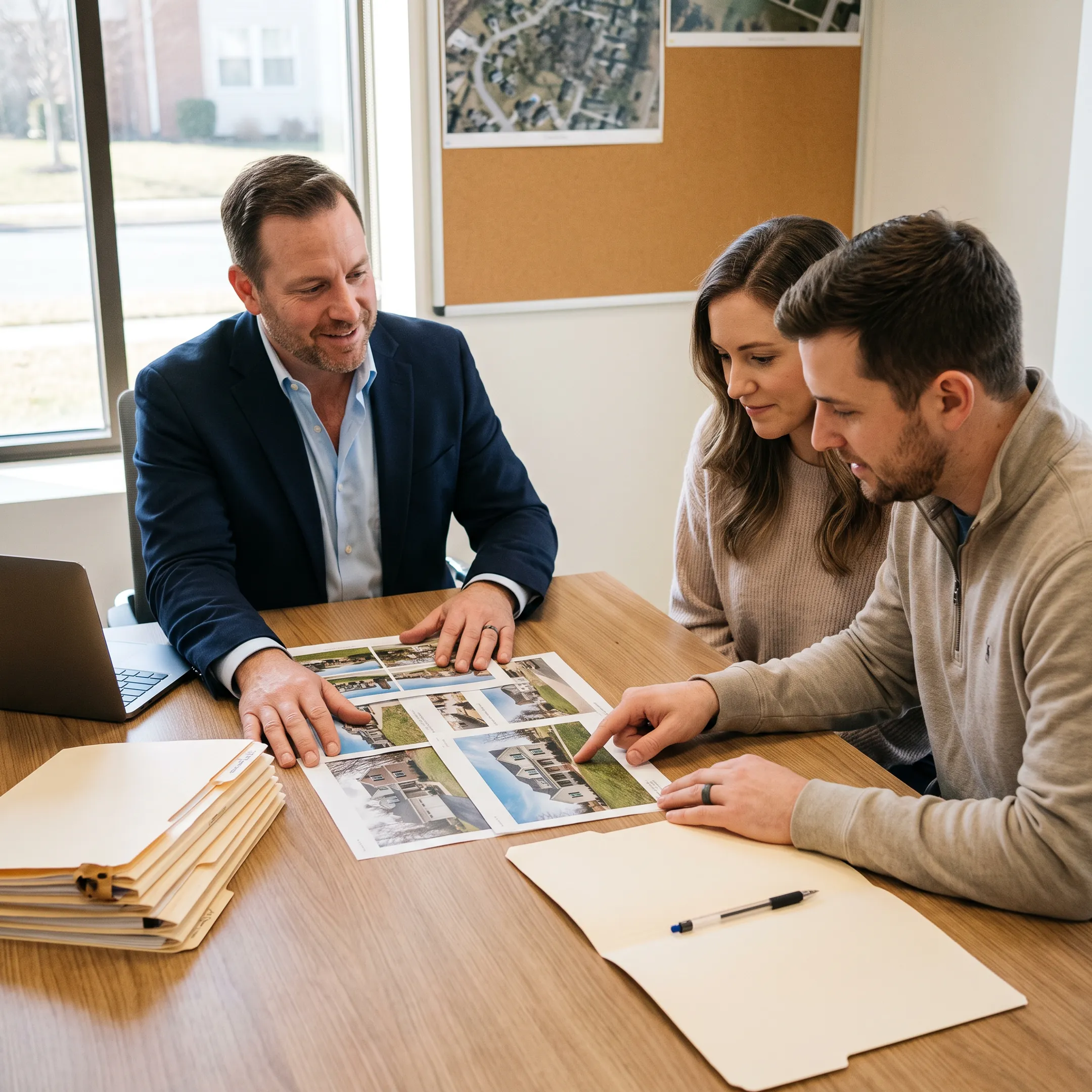 Real estate professional reviewing Mount Wolf home listings with clients