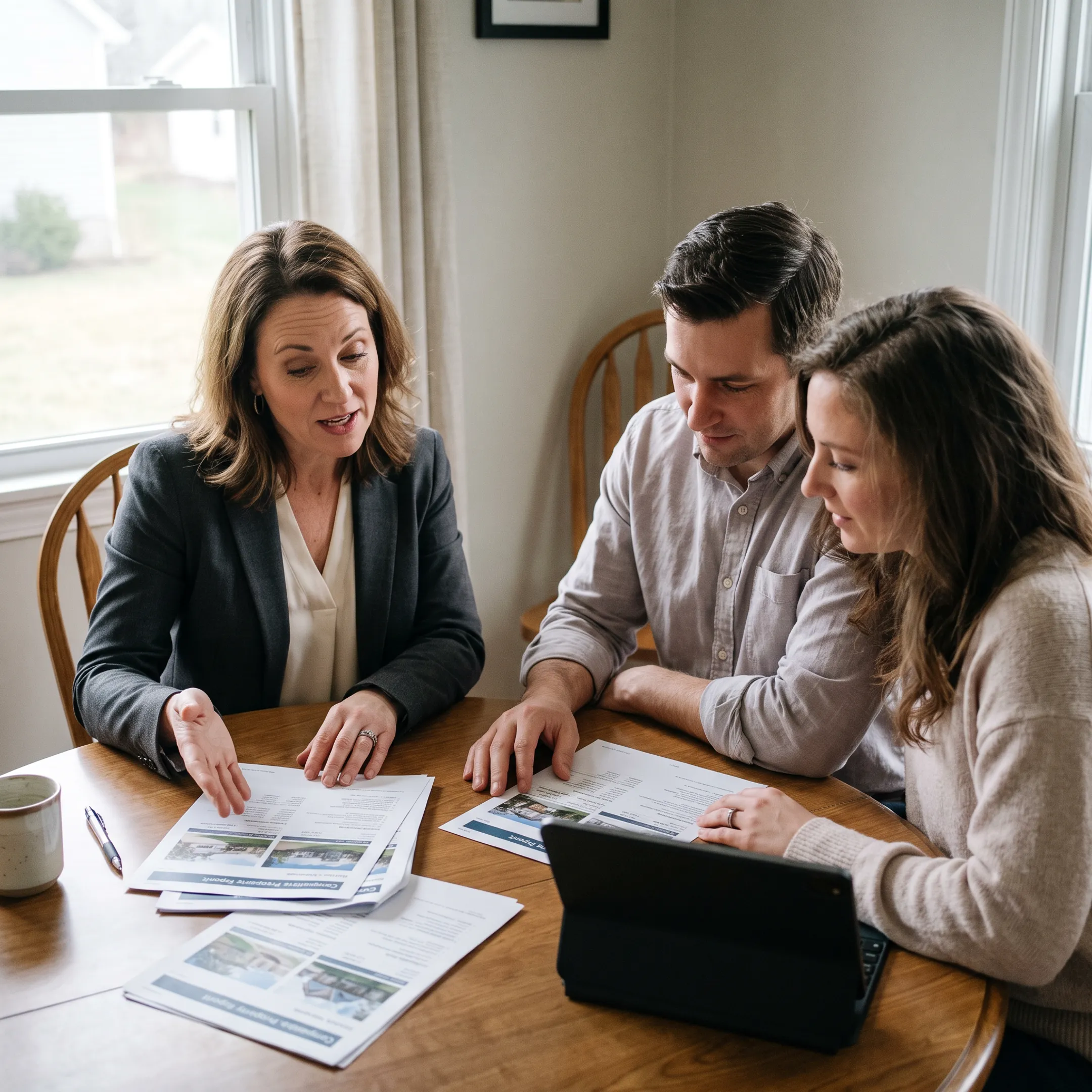Realtor reviewing a property listing with home buyers