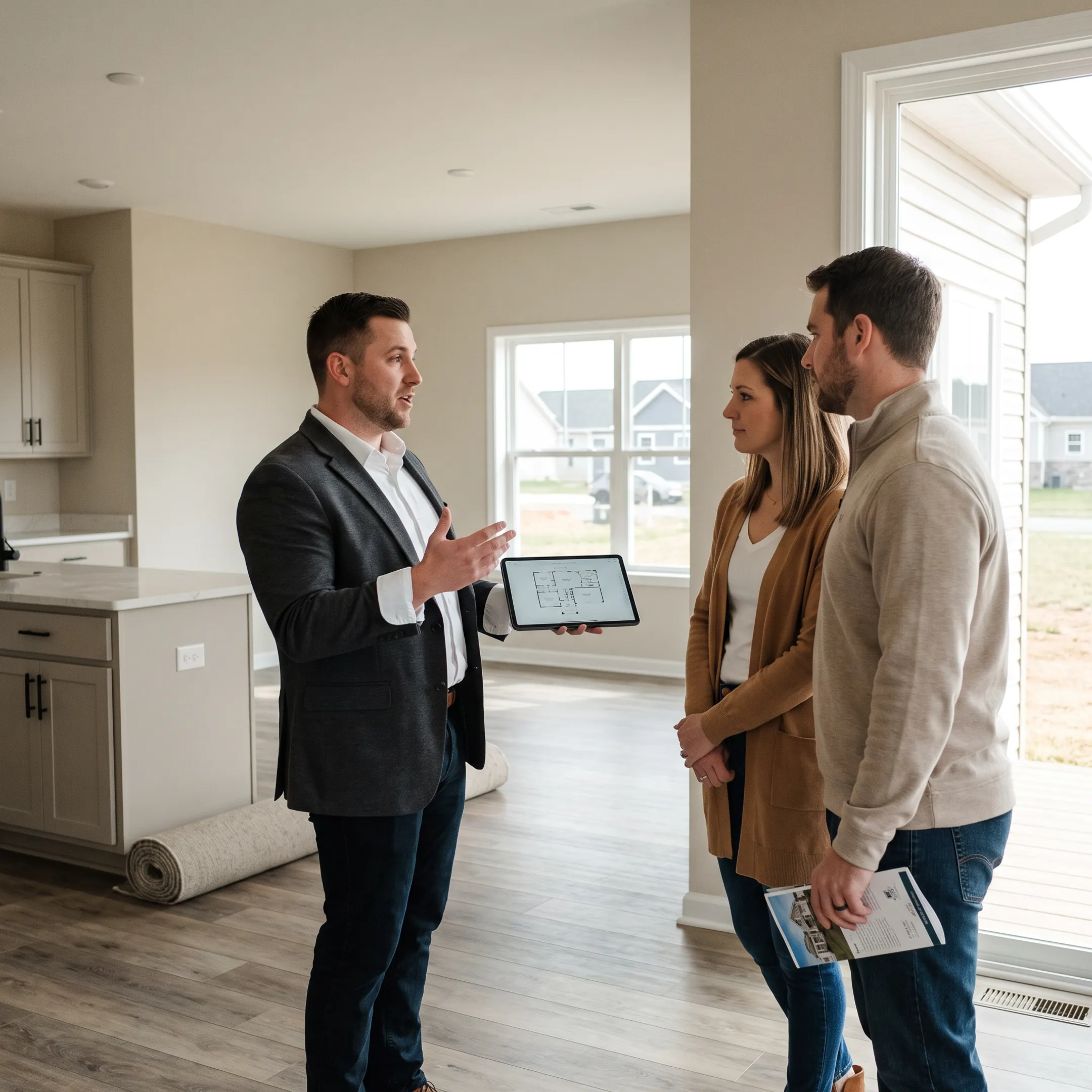 Realtor discussing a new construction home with buyers