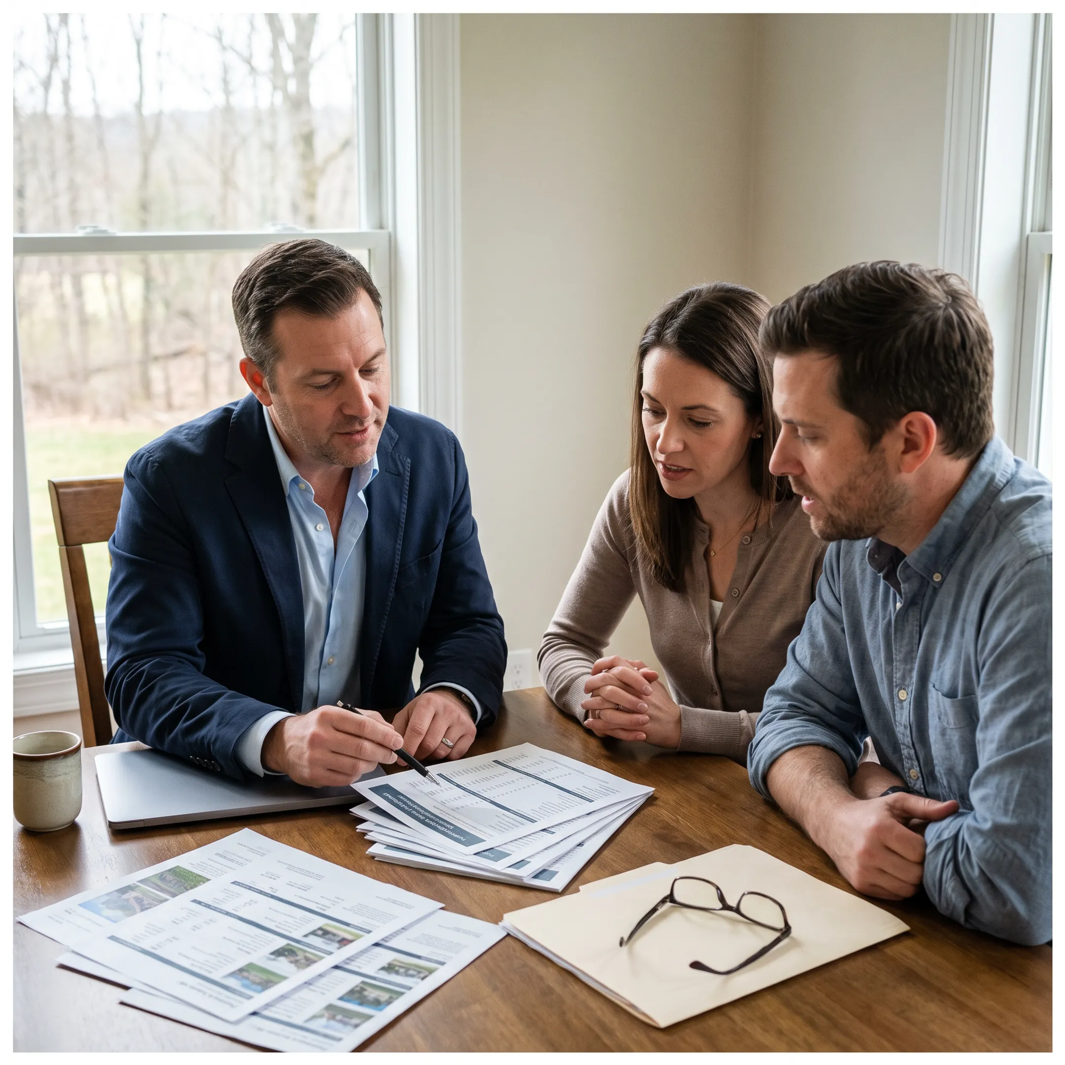 Realtor discussing property details with a couple at a Pennsylvania home