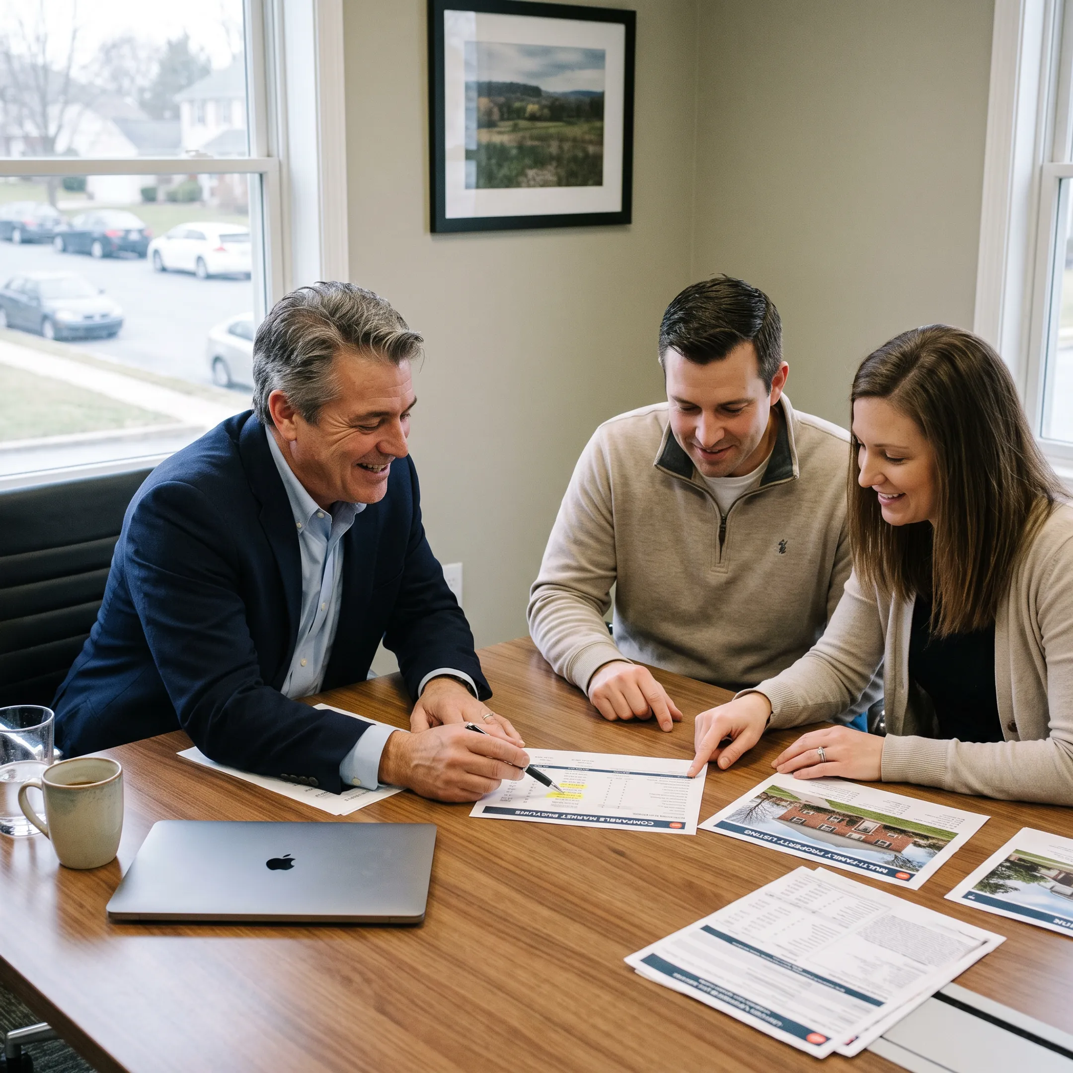 Realtor reviewing multi-family property information with home buyers