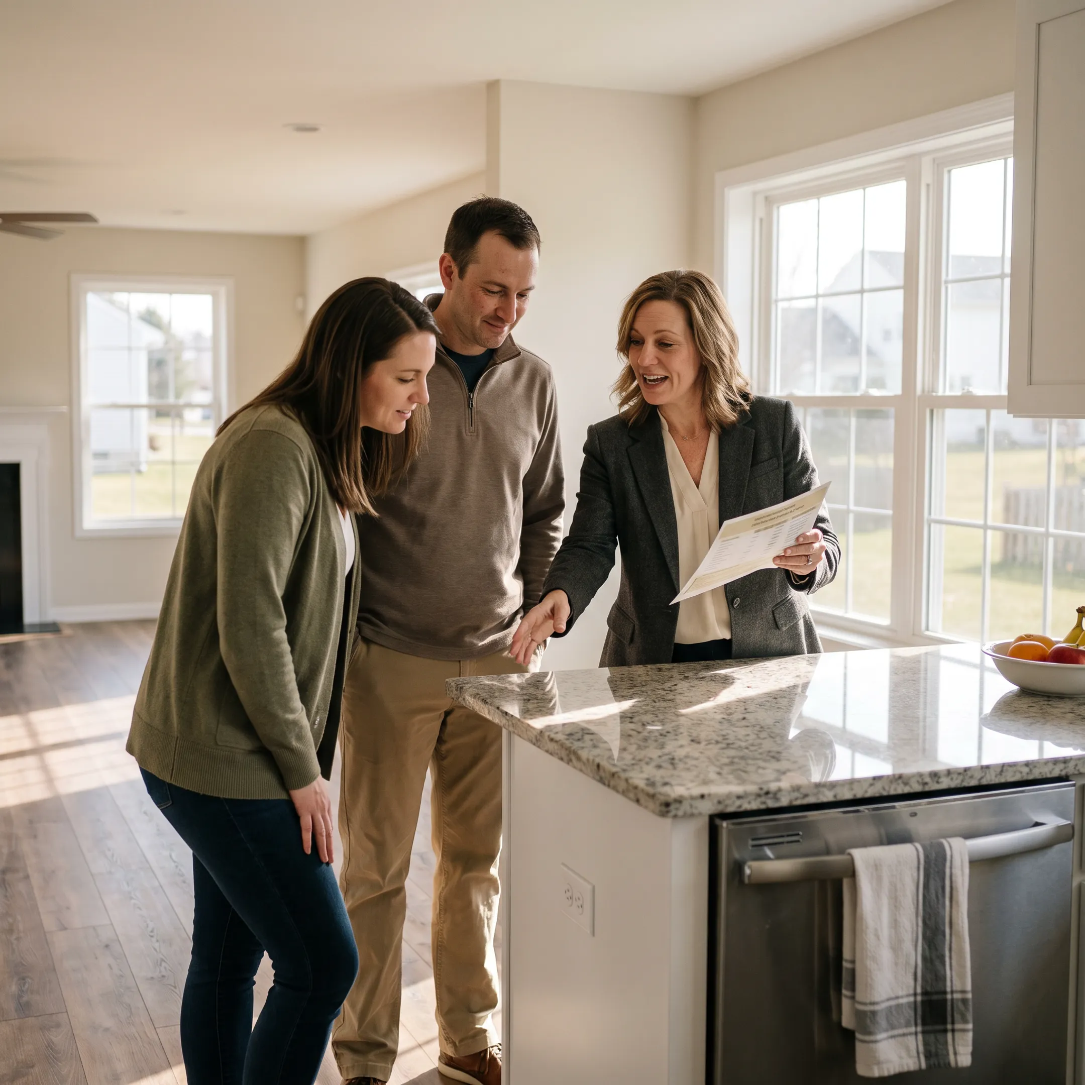 Real estate professional discussing a new home with buyers