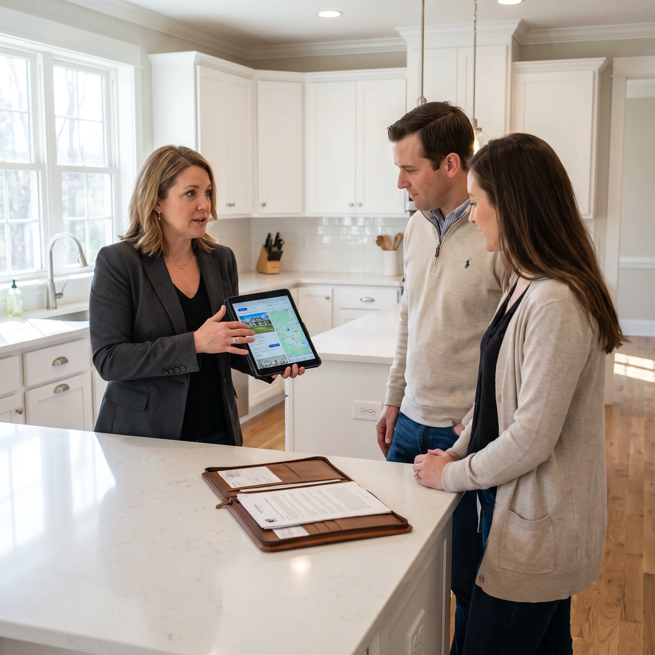 Real estate professional discussing home options with prospective buyers