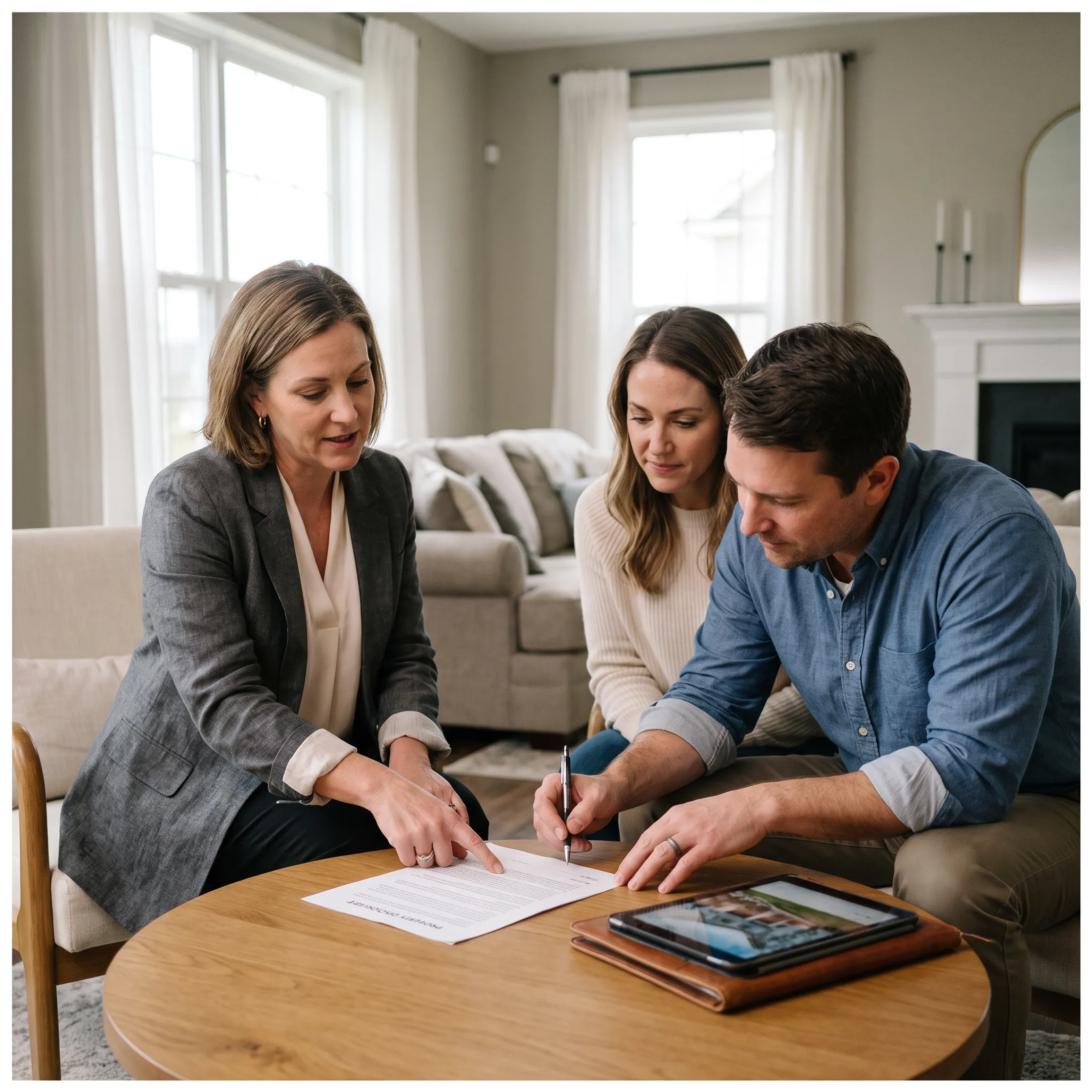 Real estate agent discussing a York County home listing with clients