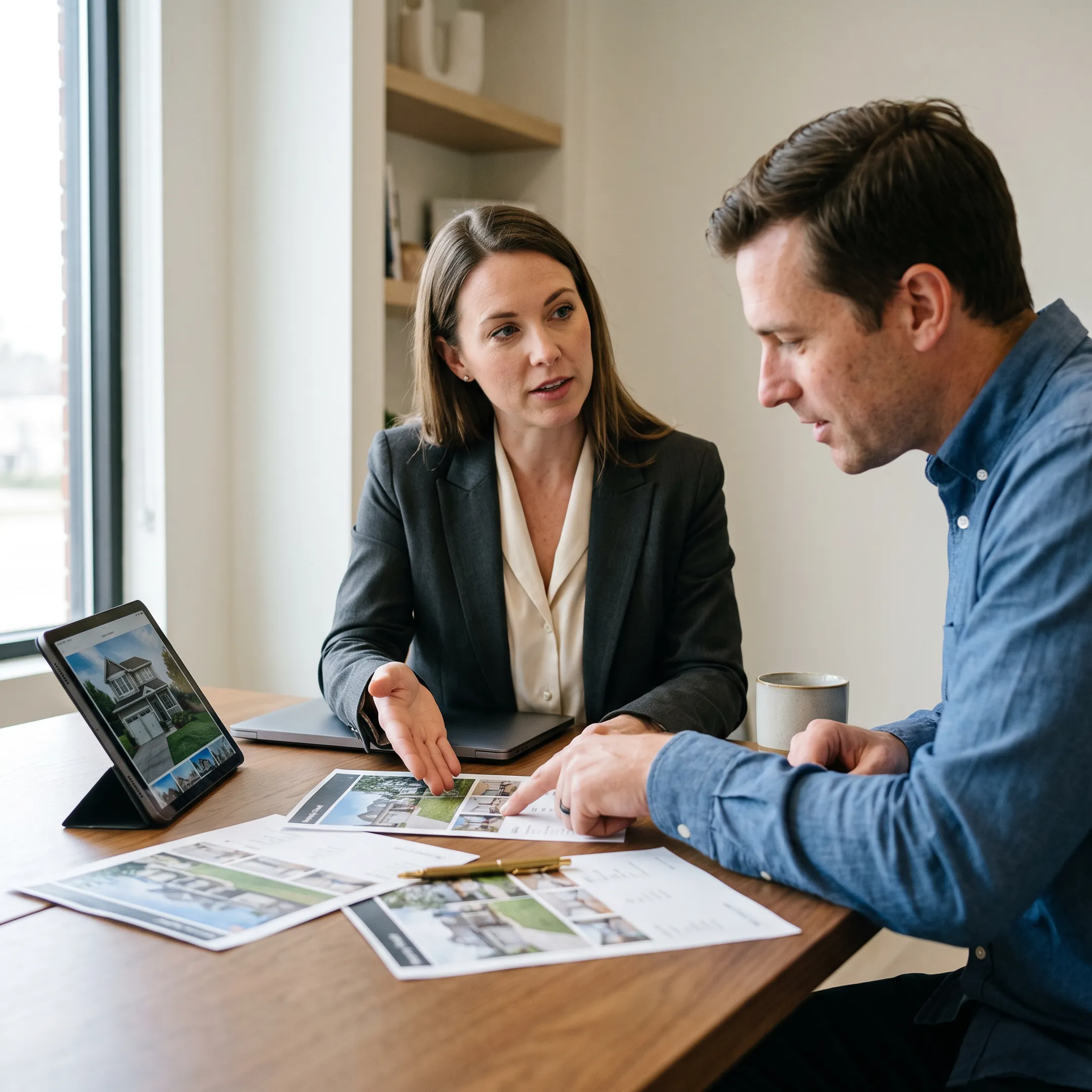 Real estate agent discussing condo buying options with a buyer