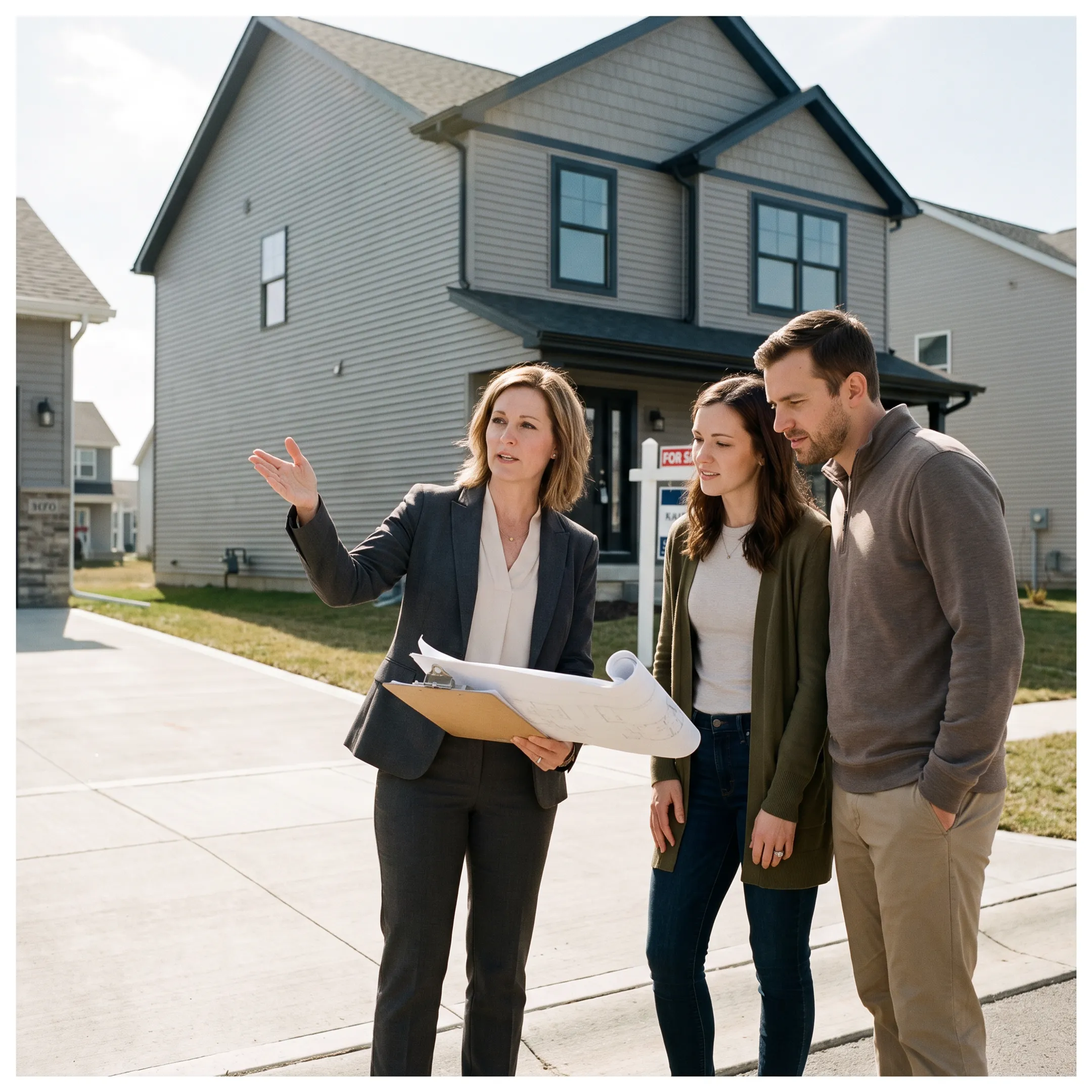 Real estate agent discussing a new construction home with prospective buyers