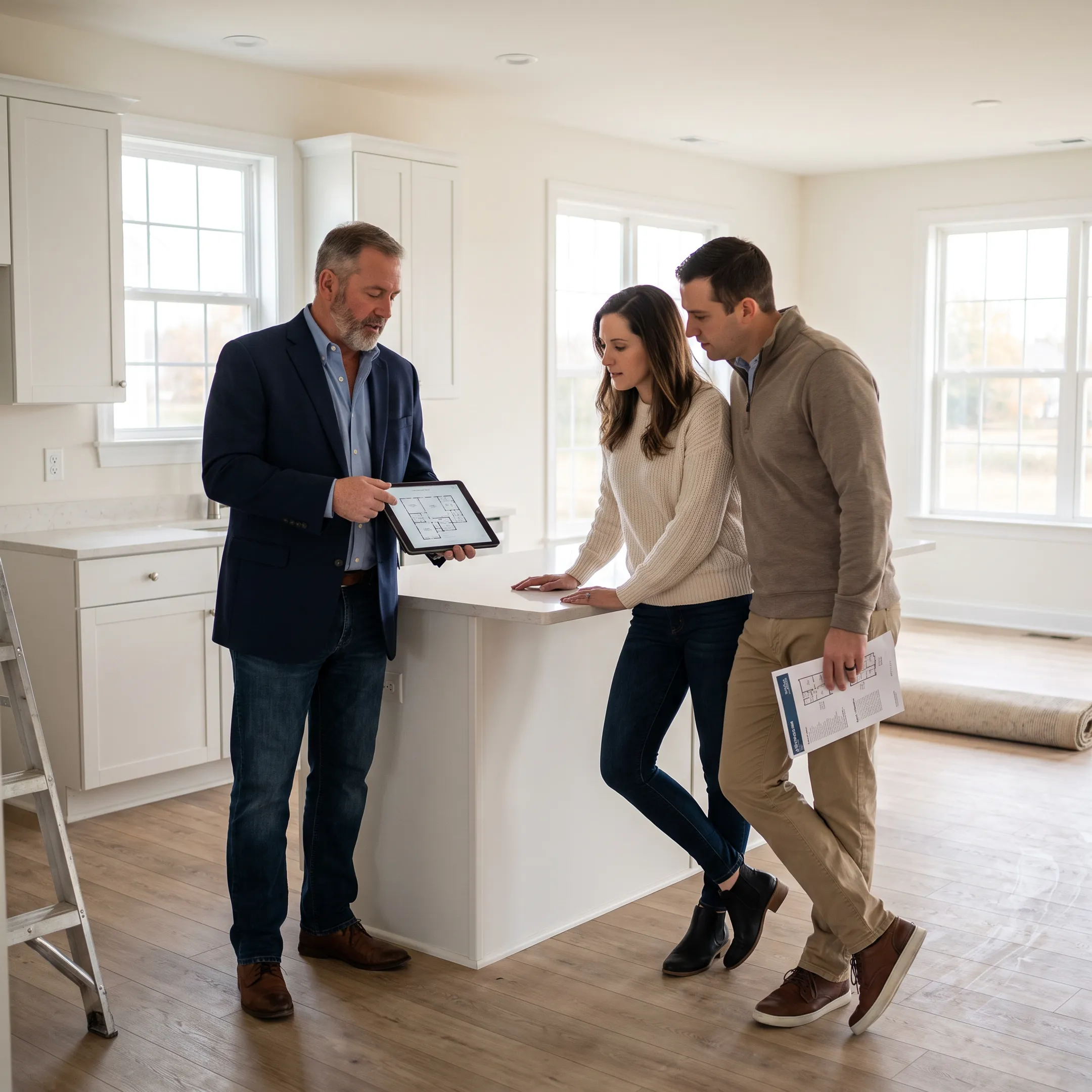 Buyers reviewing new construction home details with a real estate agent