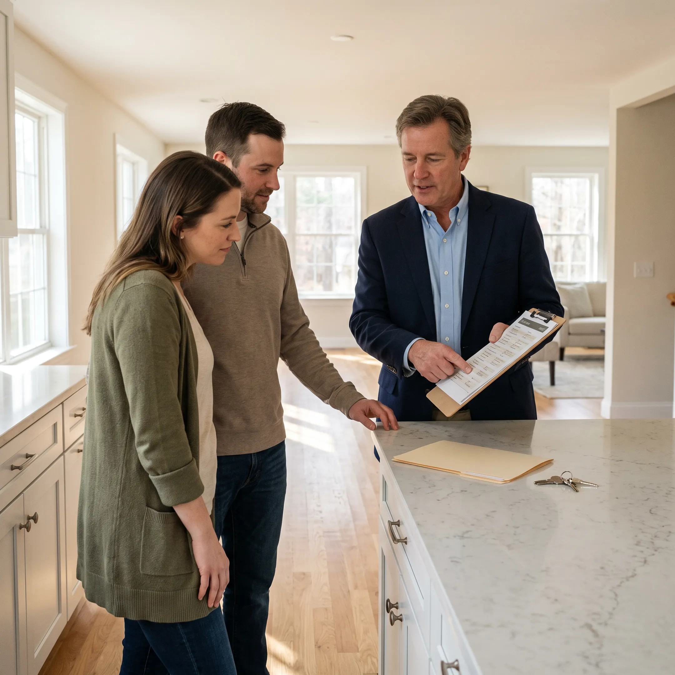 Real estate agent discussing a home listing with prospective buyers