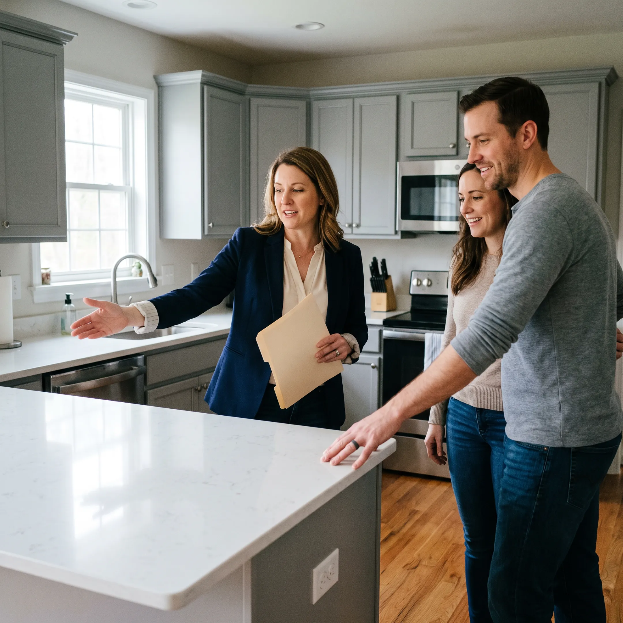 Buyers viewing a residential property with a real estate professional