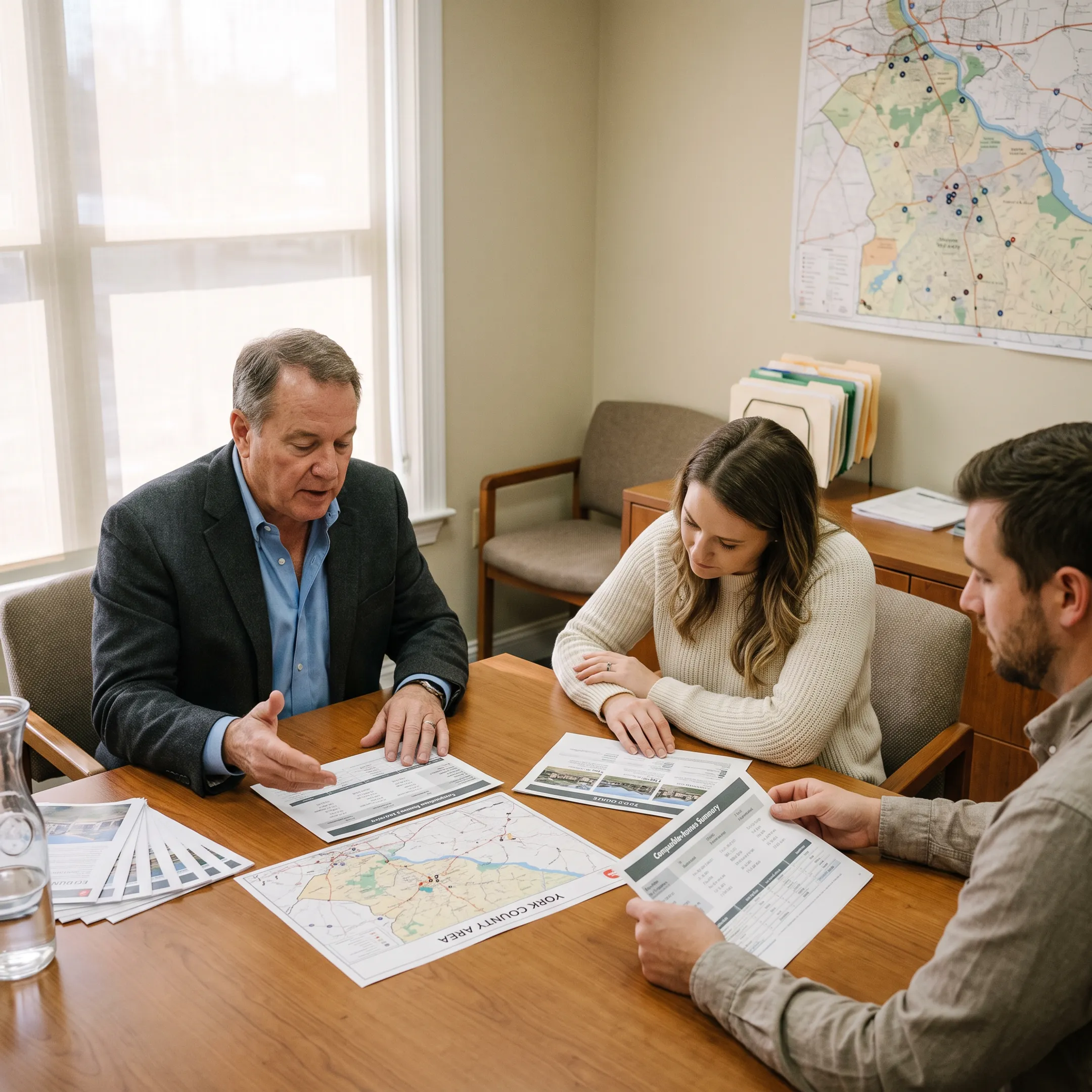 Agent presenting local West York property information to home buyers