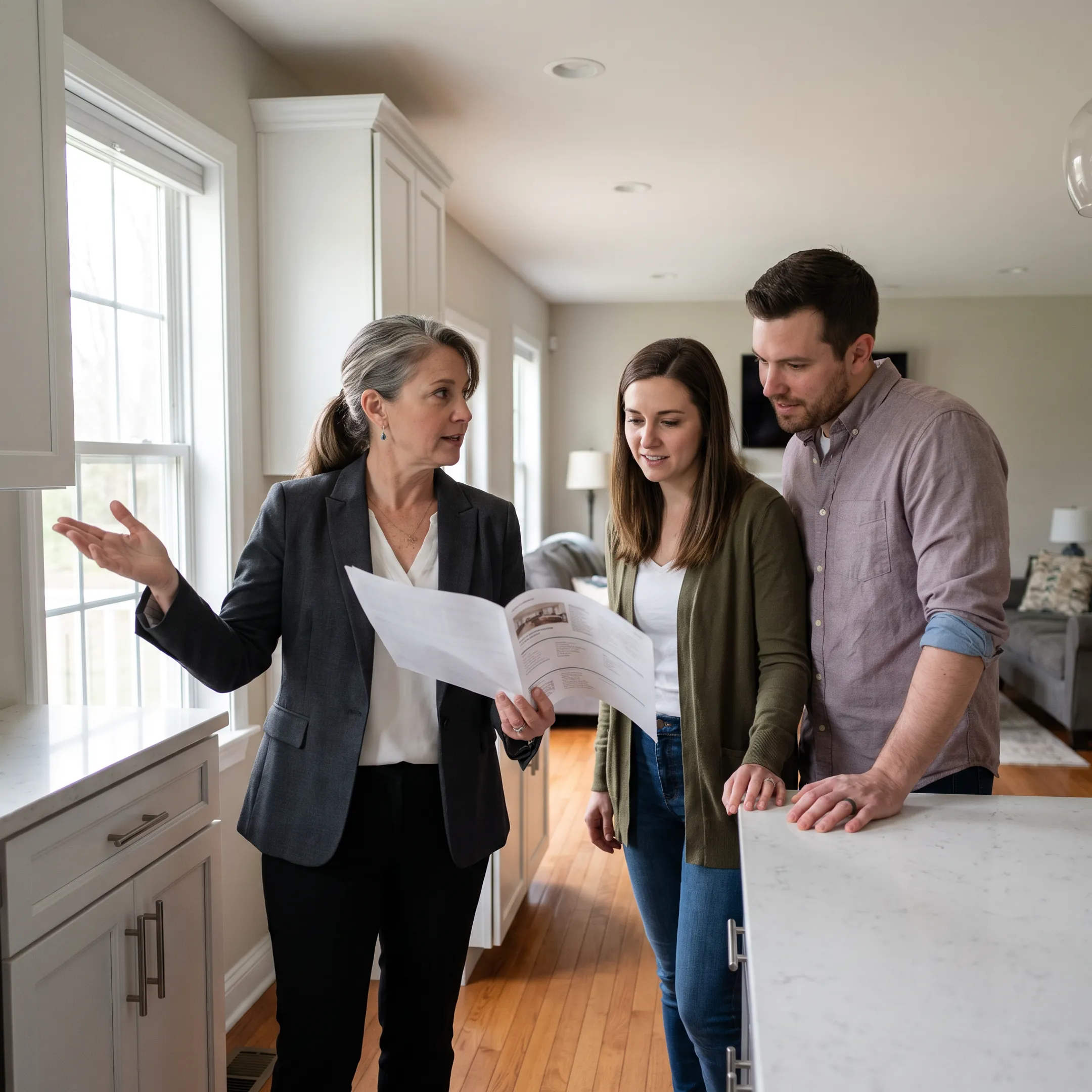 Realtor discussing York home purchase options with clients at a property