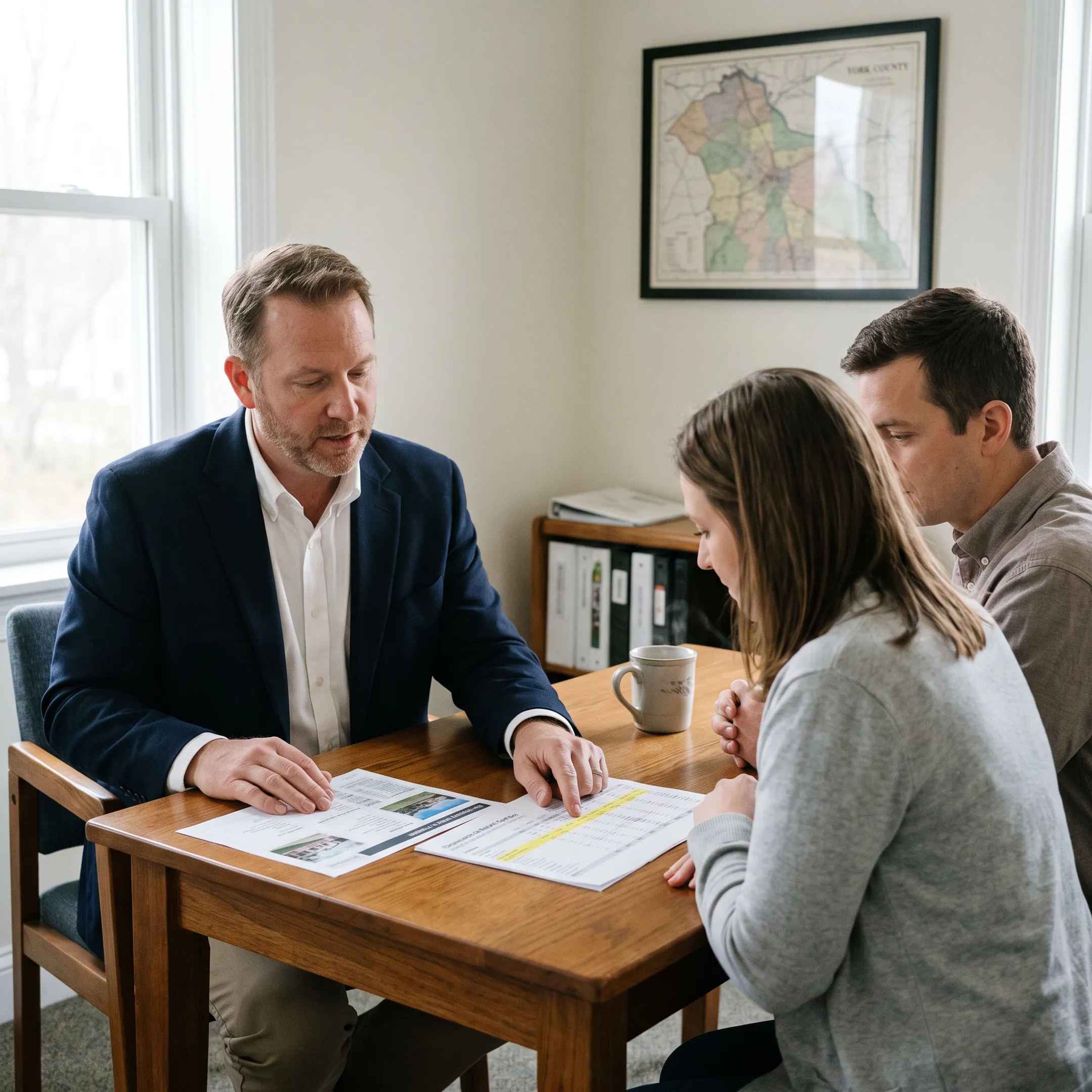 Real estate professional reviewing home information with clients