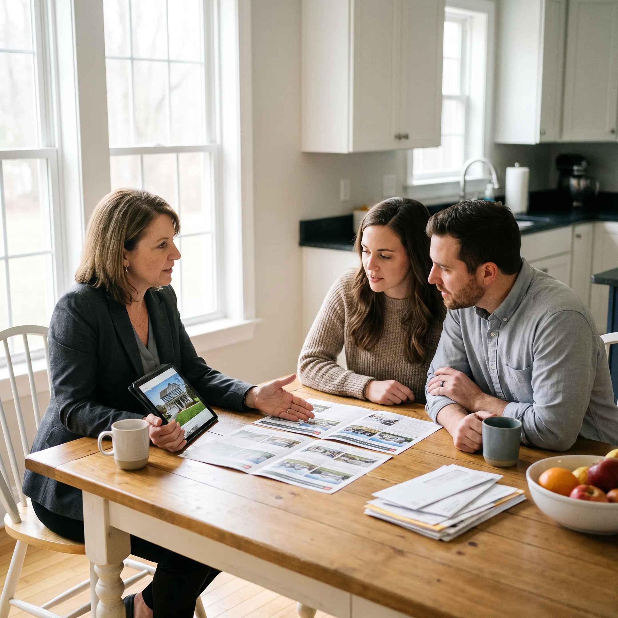 Real estate agent presenting property information to a couple