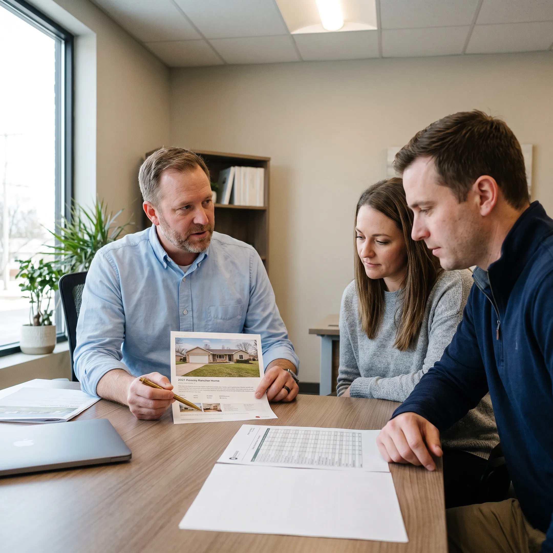 Realtor discussing a rancher home listing with clients
