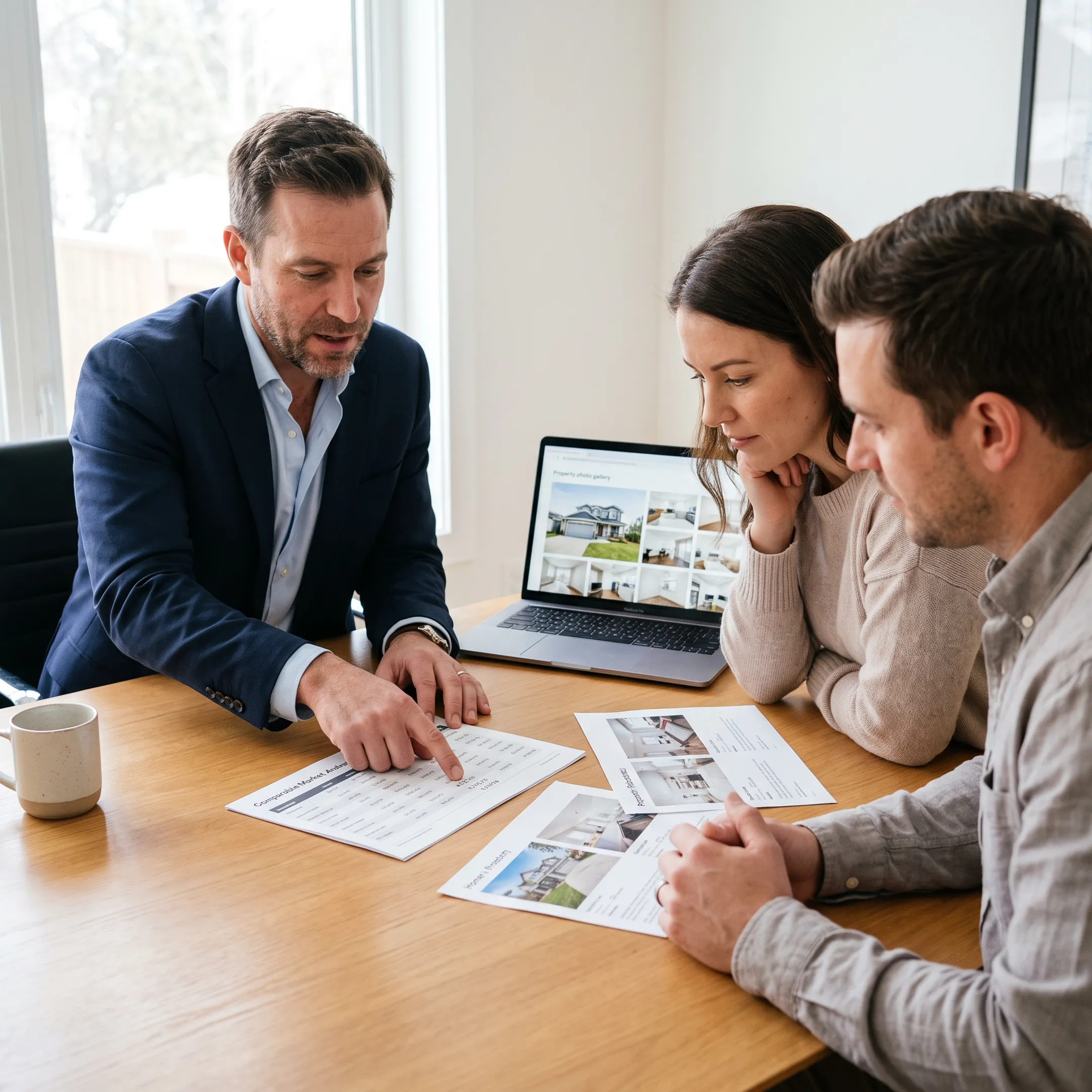 Real estate professional reviewing home information with clients