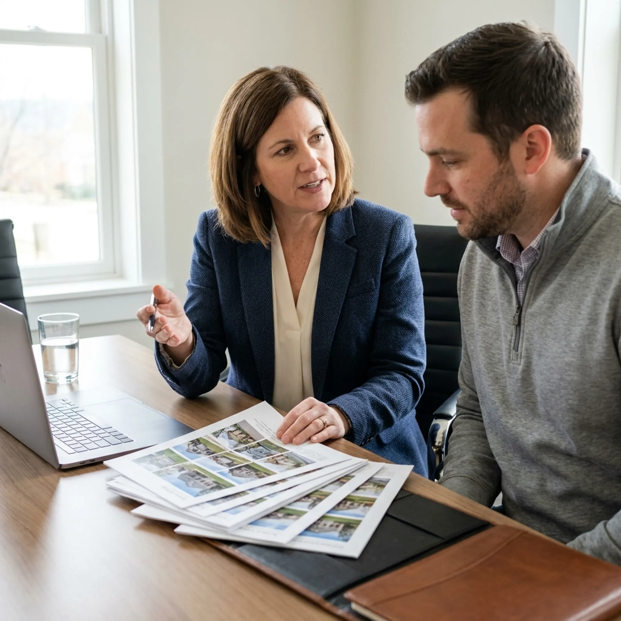Real estate professional reviewing property information with a client