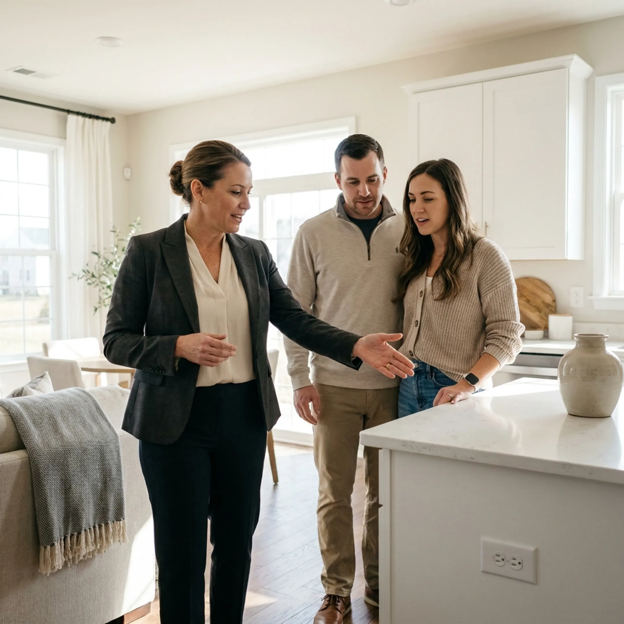 Real estate agent presenting a Loganville, Pennsylvania home to prospective buyers