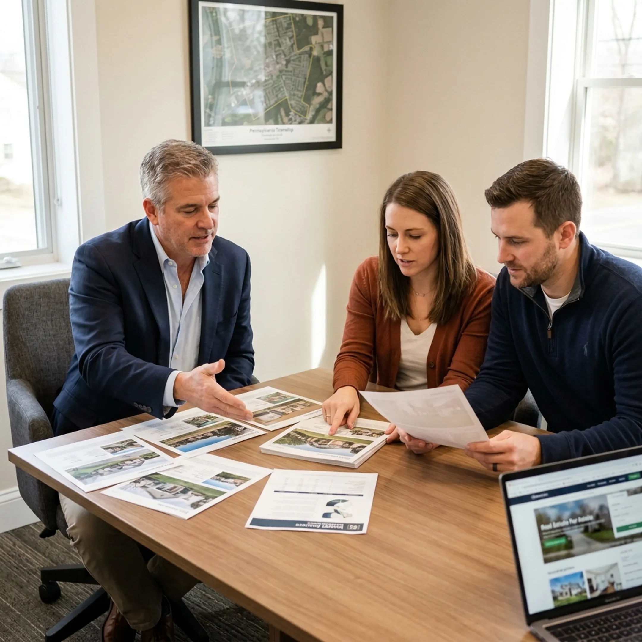 Realtor presenting property information to a couple
