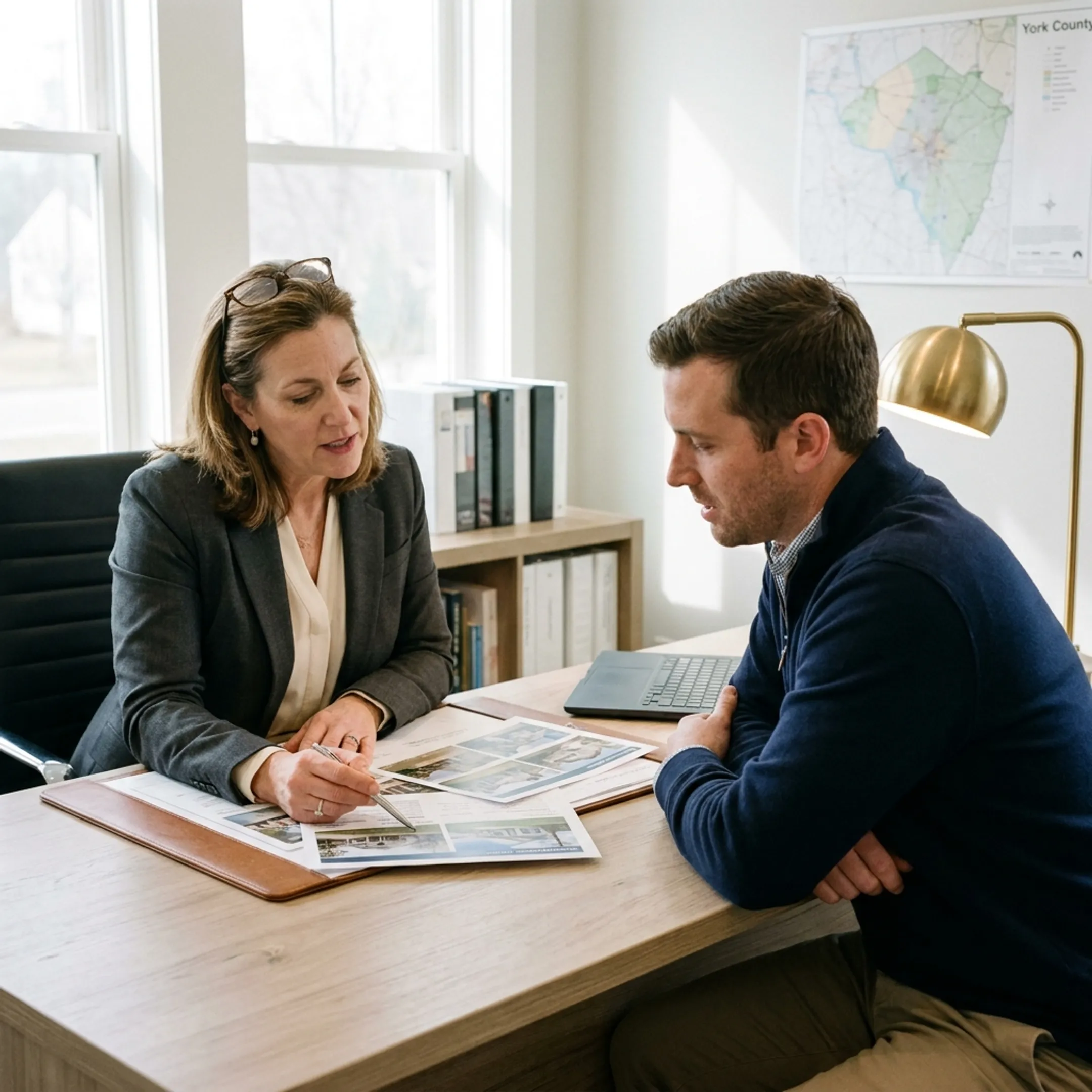 Real estate professional reviewing home information with a client