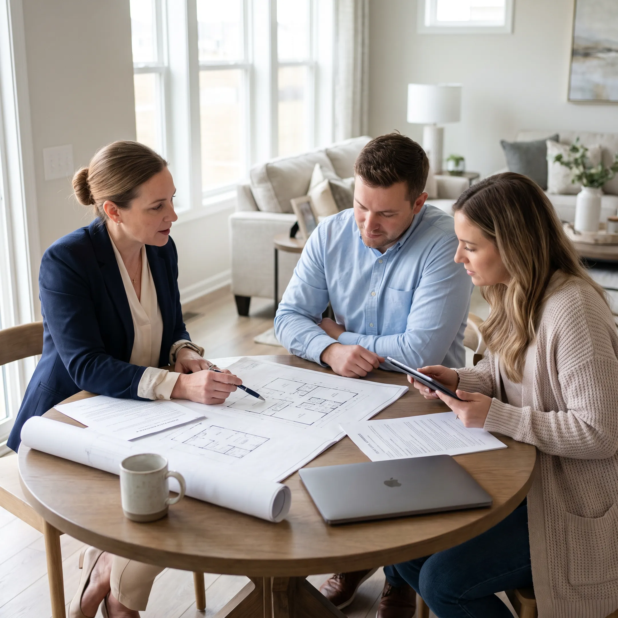 Real estate agent discussing new construction home plans with prospective buyers