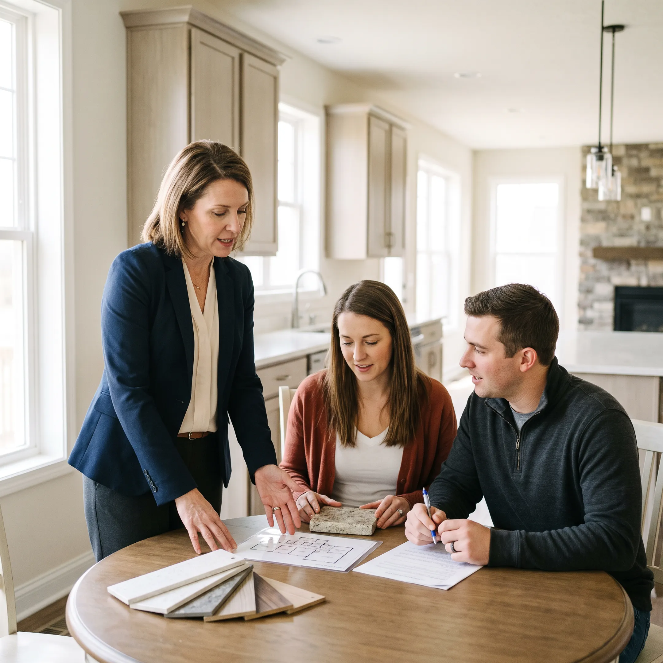 Buyer specialist guiding clients through a new construction home purchase