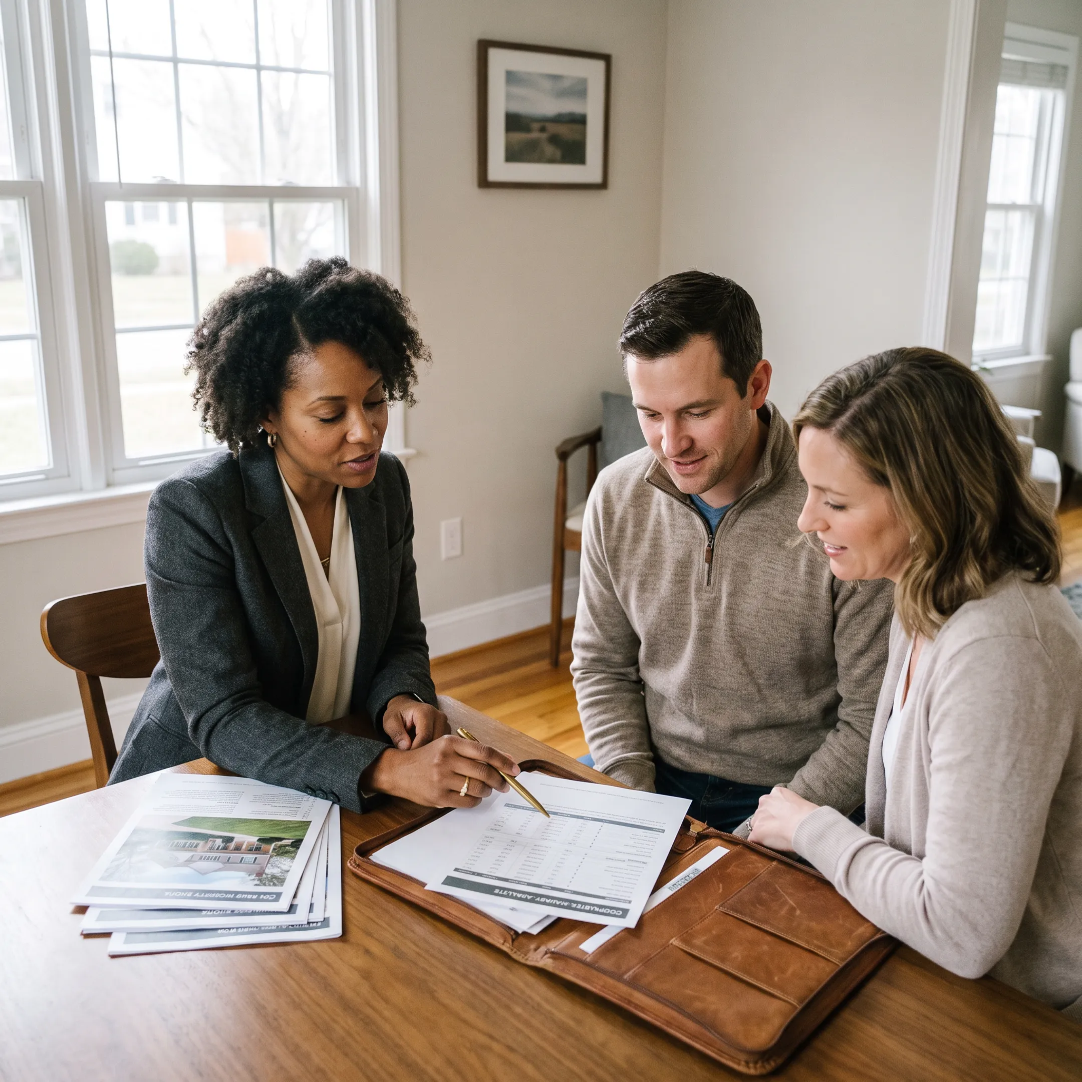 Real estate agent reviewing a York Pennsylvania home listing with homeowners
