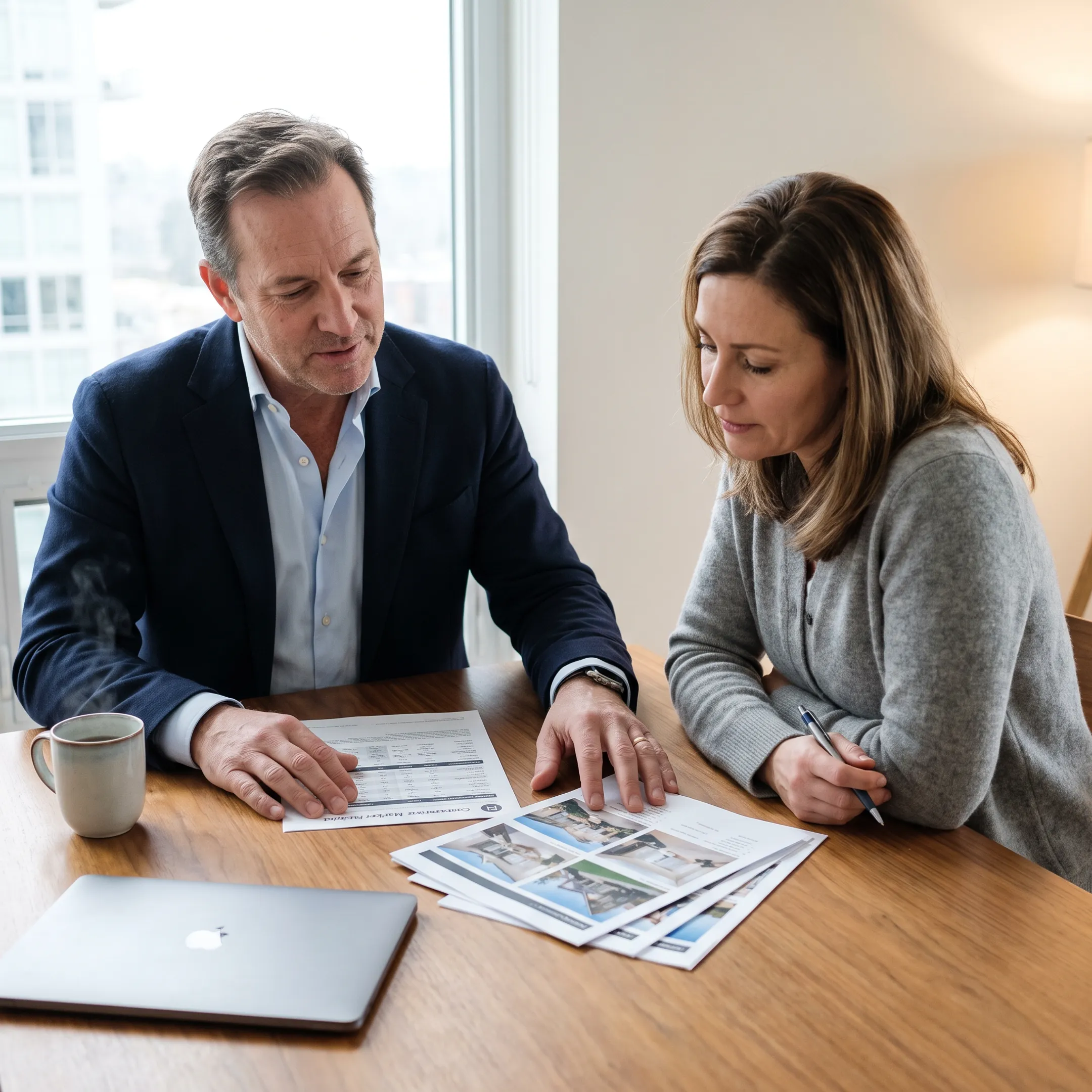 Real estate agent discussing condo sale strategy with homeowner