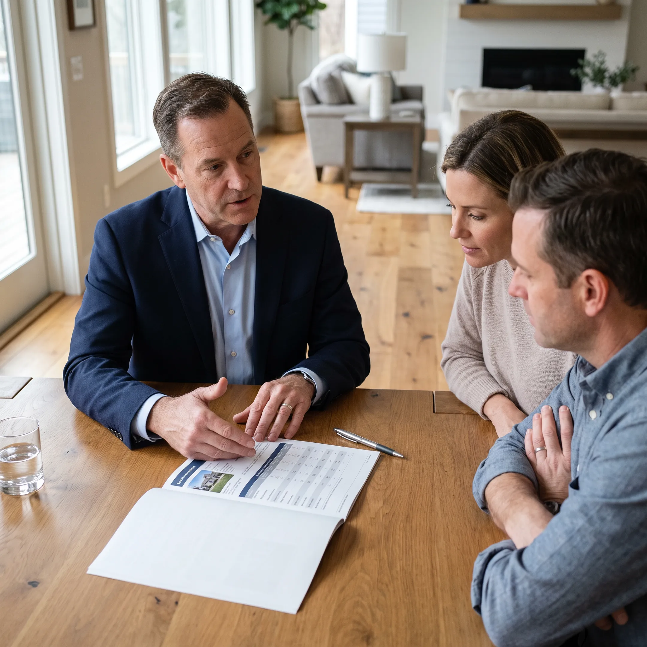 Realtor discussing a home sale with homeowners at a property