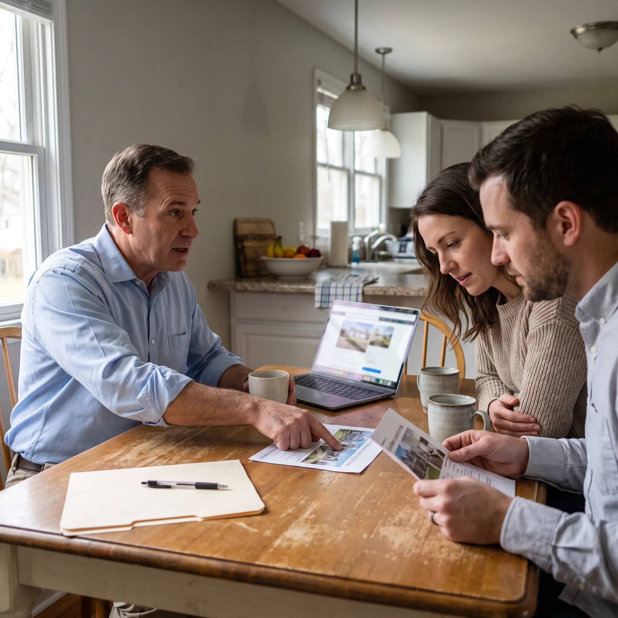 Real estate agent discussing home purchase options with buyers