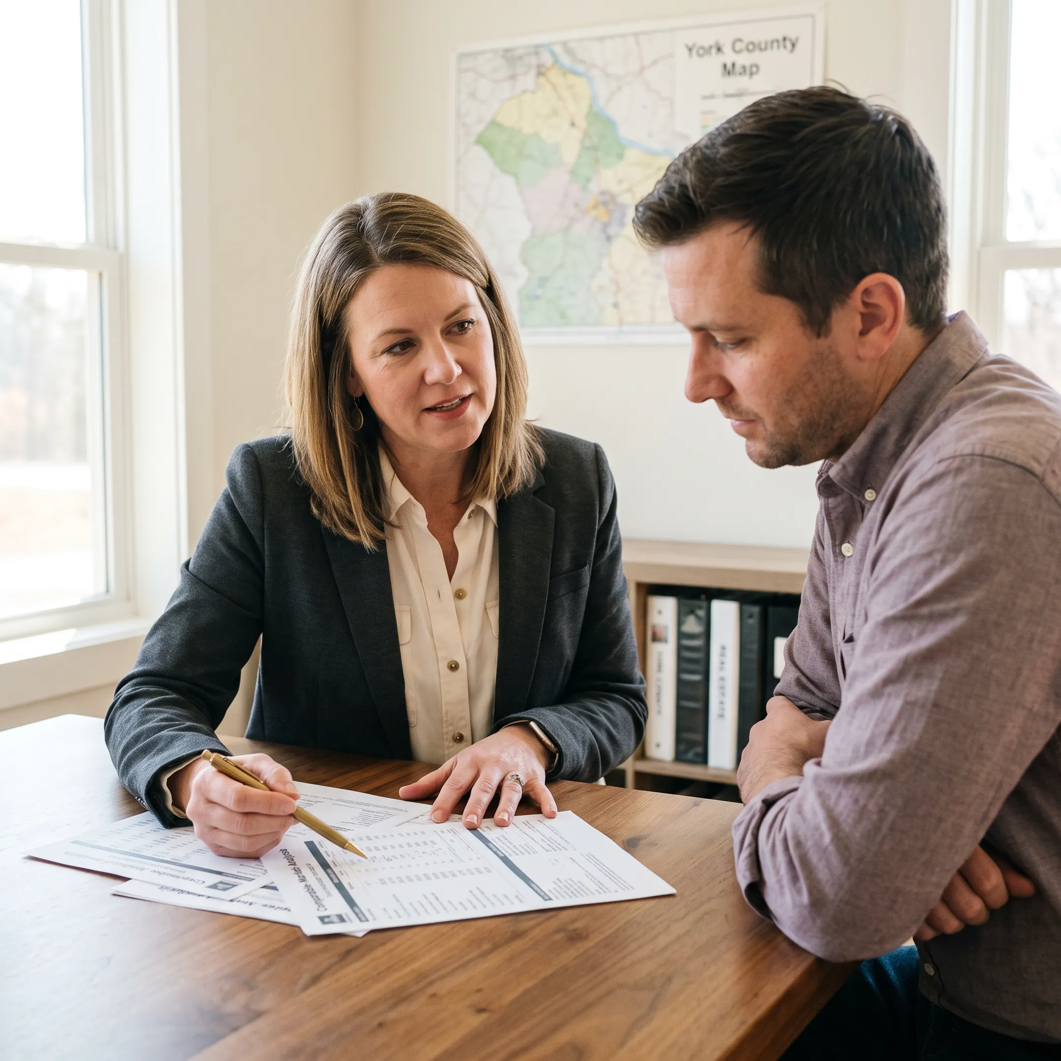 Real estate professional reviewing York home listings with a client