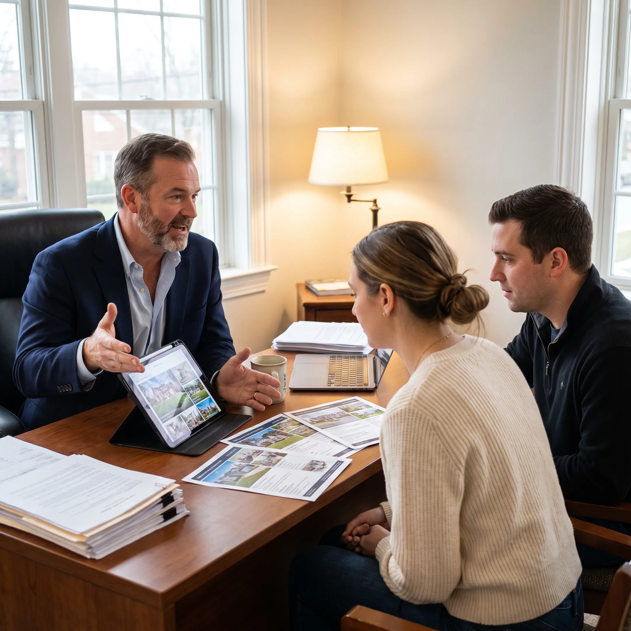 Real estate agent discussing York County condo listings with home buyers