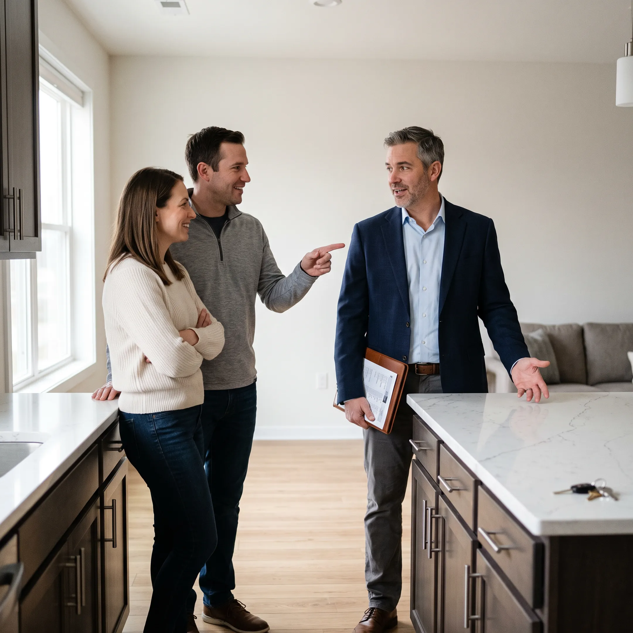 Real estate agent helping clients evaluate an apartment property