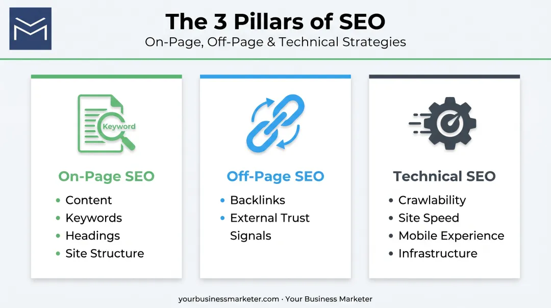 Three types of SEO on-page off-page and technical breakdown