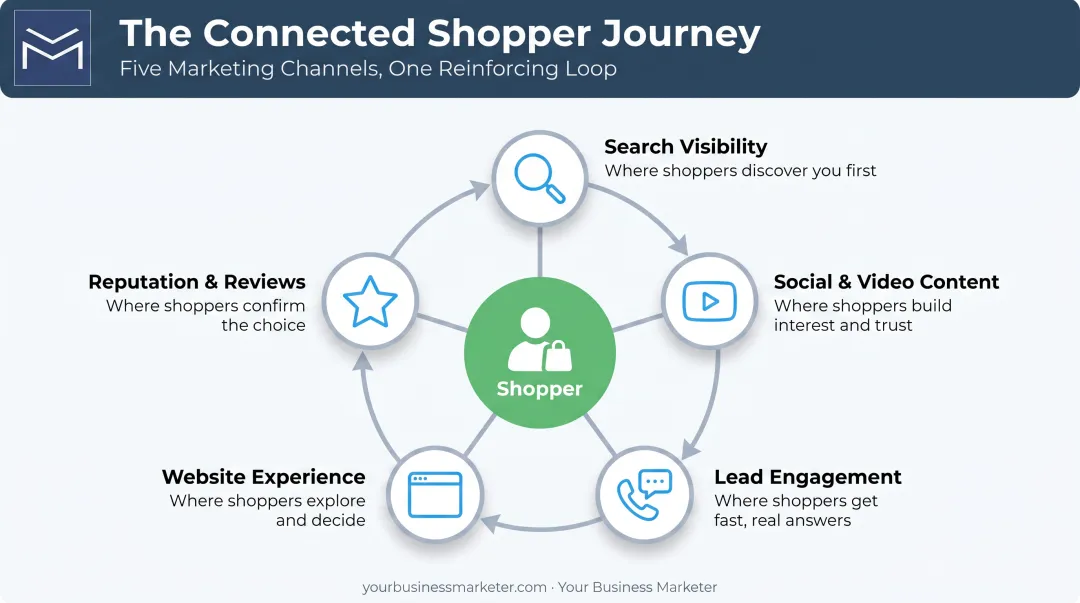 5-channel integrated dealership marketing ecosystem process diagram