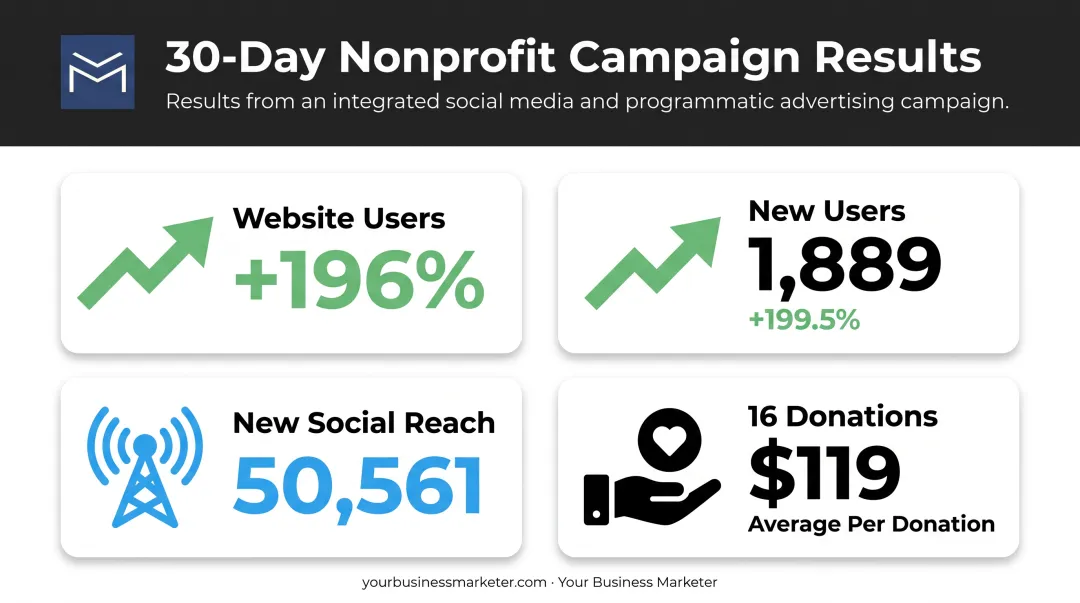 30-day nonprofit social media campaign results growth metrics infographic
