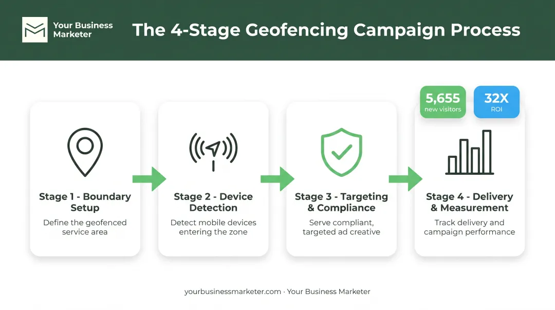 Four-stage geofencing campaign workflow from setup to measurement