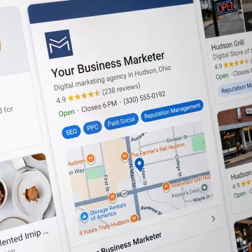 Optimized business profile displayed in local search