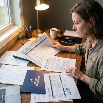 Content strategist reviewing an editorial plan and article draft