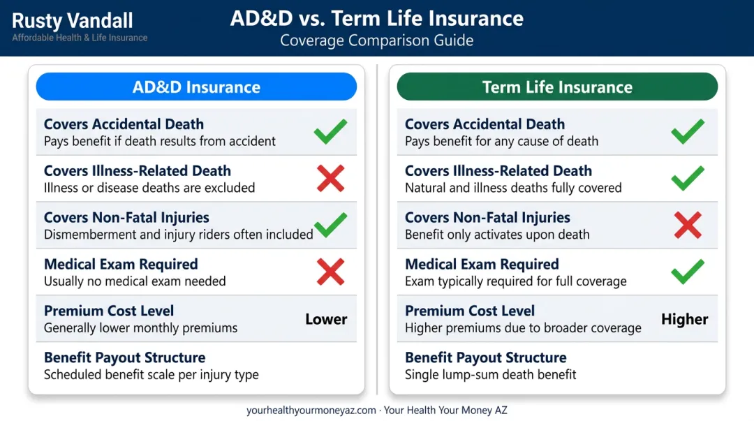 AD&D insurance versus term life insurance side-by-side feature comparison chart