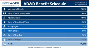 AD&D insurance benefit payout schedule showing percentage of principal sum per loss type