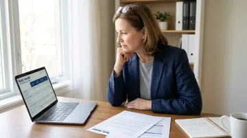 Self-employed professional reviewing insurance policy options on laptop at home desk