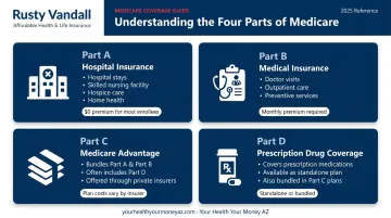 Medicare Parts A B C D coverage breakdown comparison chart infographic