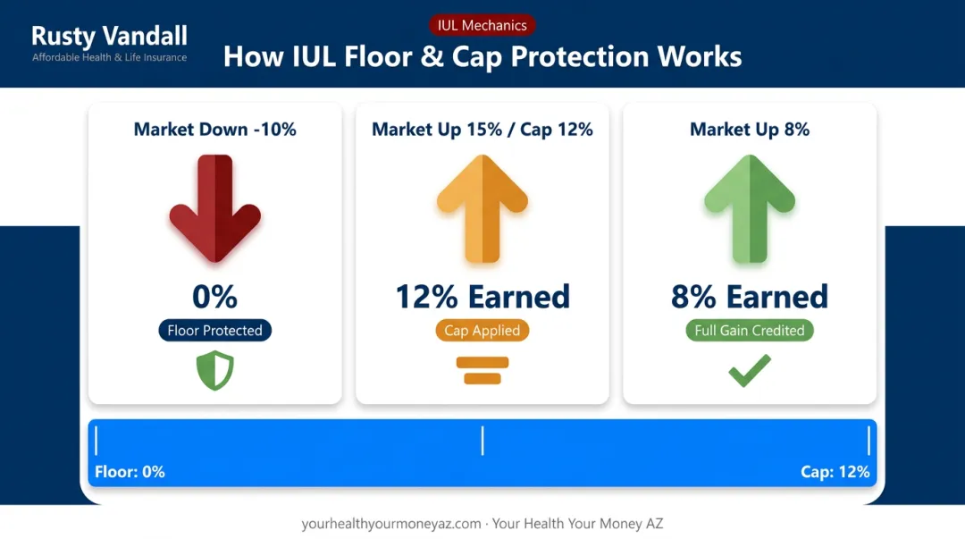 IUL indexed universal life insurance floor and cap mechanics three scenario comparison