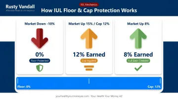 IUL indexed universal life insurance floor and cap mechanics three scenario comparison